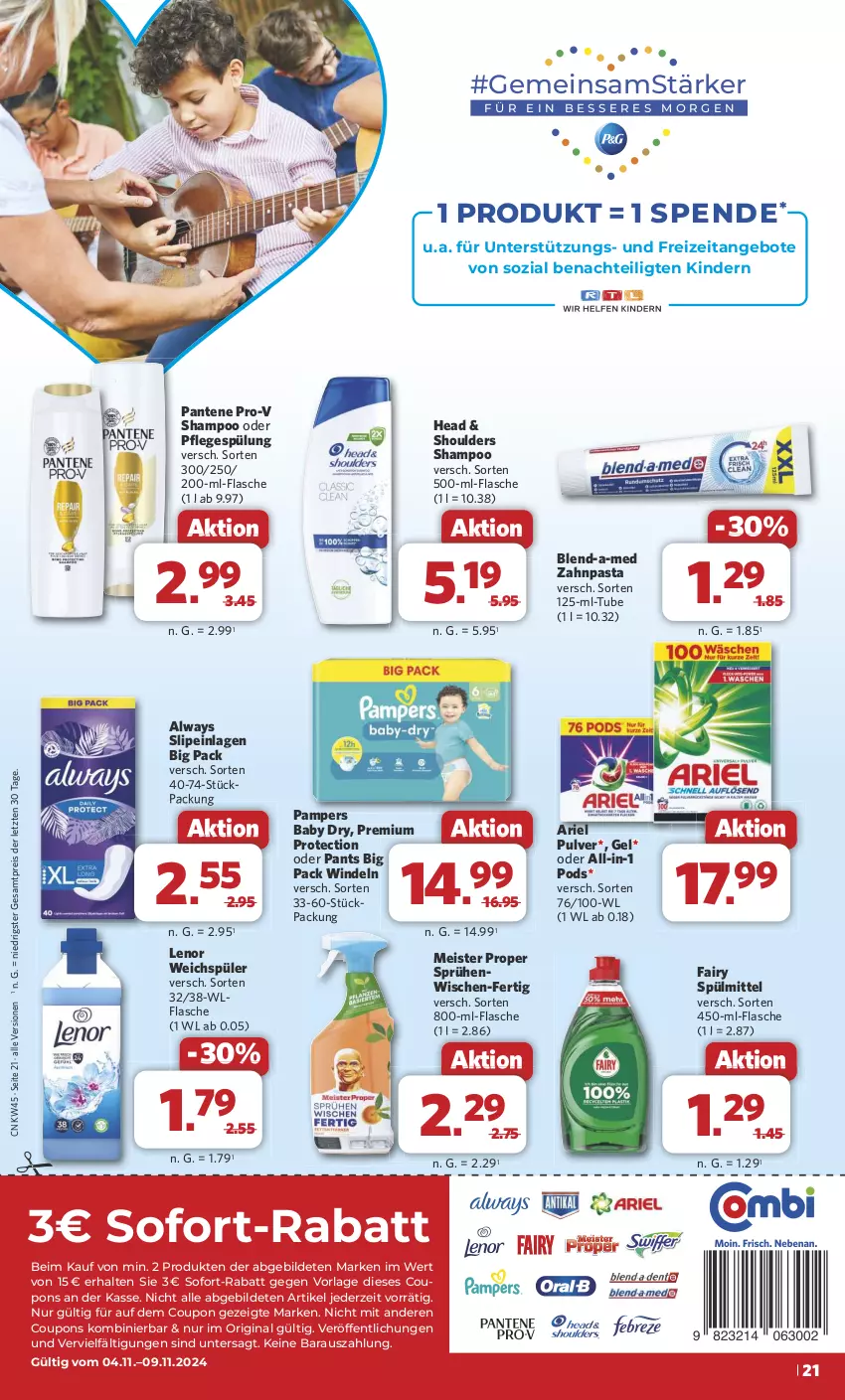 Aktueller Prospekt Combi - Prospekte - von 04.11 bis 09.11.2024 - strona 21 - produkty: Alwa, Always, angebot, angebote, ariel, blend-a-med, coupon, coupons, eis, fairy, flasche, gin, Kinder, lenor, lenor weichspüler, Meister, meister proper, pampers, pampers baby dry, pantene, pantene pro-v, Pants, pasta, Pflegespülung, Pods, pro-v, reis, shampoo, slip, slipeinlagen, sofort-rabatt, spülmittel, spülung, Ti, weichspüler, windeln, zahnpasta, ZTE