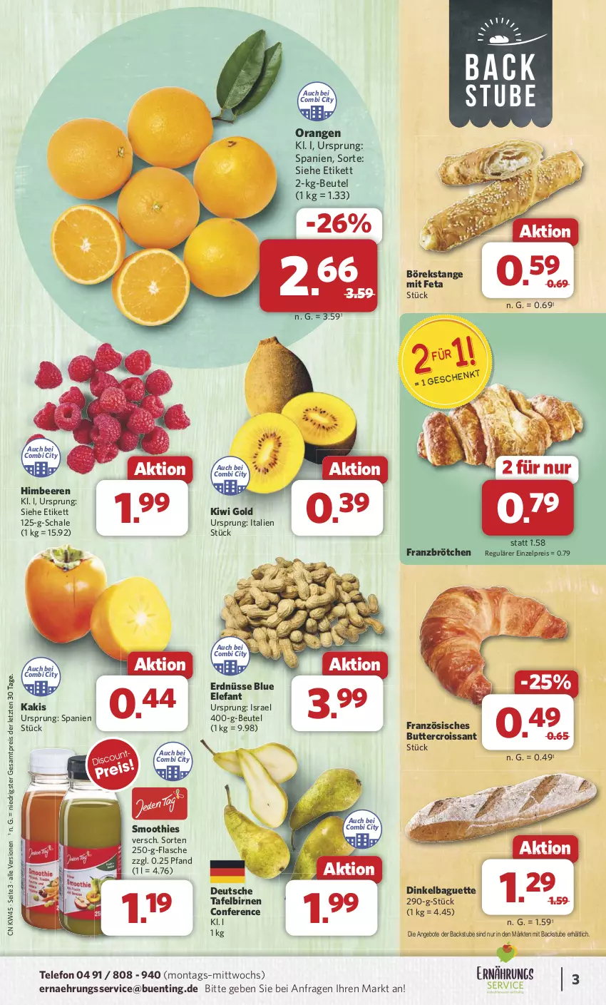 Aktueller Prospekt Combi - Prospekte - von 04.11 bis 09.11.2024 - strona 3 - produkty: angebot, angebote, baguette, beere, beeren, beutel, Birnen, brötchen, butter, Croissant, eis, Elefant, erdnüsse, feta, flasche, himbeer, himbeere, himbeeren, Kaki, kiwi, Kiwi Gold, orange, orangen, reis, Schal, Schale, smoothie, smoothies, stube, tafelbirnen, telefon, Ti, ZTE