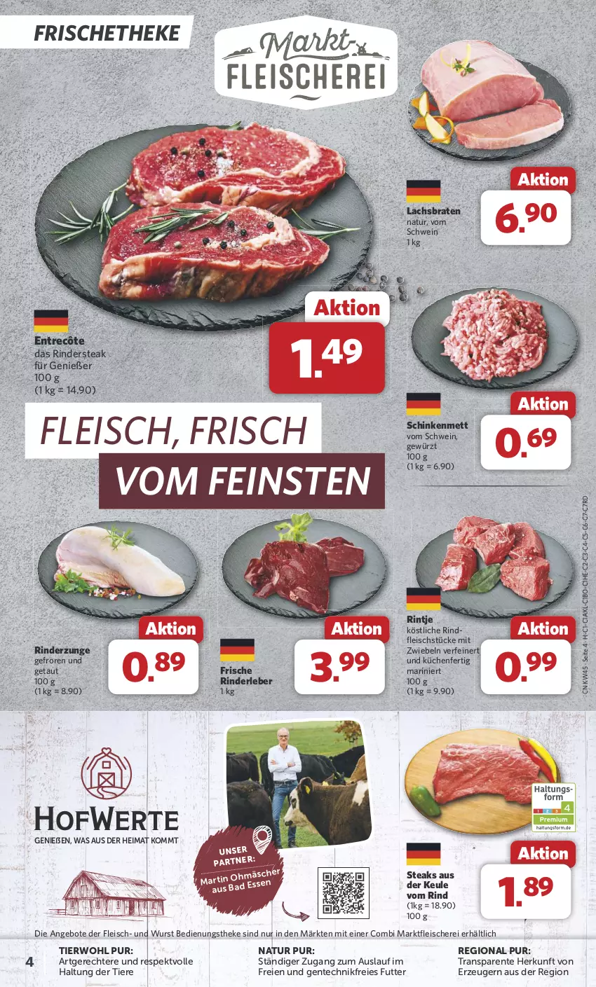 Aktueller Prospekt Combi - Prospekte - von 04.11 bis 09.11.2024 - strona 4 - produkty: angebot, angebote, braten, eis, ente, entrecôte, fleisch, Fleischerei, gewürz, küche, Küchen, lachs, Lachsbraten, Mett, mit zwiebeln, natur, rind, rinder, Rinderleber, Rindersteak, Rinderzunge, rindfleisch, Schere, schinken, schwein, steak, steaks, Ti, Tiere, wein, wurst, zwiebel, zwiebeln