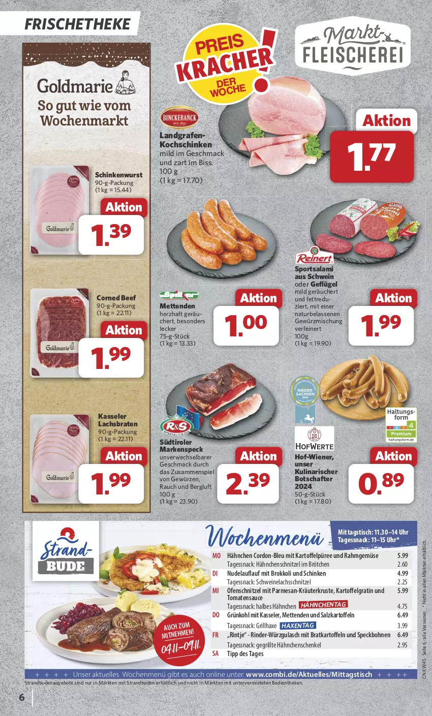 Aktueller Prospekt Combi - Prospekte - von 04.11 bis 09.11.2024 - strona 6 - produkty: angebot, angebote, axe, beef, bohne, bohnen, braten, brokkoli, brötchen, corned beef, elle, Geflügel, Gegrillte Hähnchenschenkel, gewürz, Gewürzmischung, grill, grillhaxe, gulasch, hähnchenschenkel, Hähnchenschnitzel, Haxe, henkel, kartoffel, kartoffeln, Kartoffelpüree, kasseler, kochschinken, kräuter, lachs, Lachsbraten, LG, mac, Mett, metten, Mettenden, natur, nudel, Ofen, püree, Rahmgemüse, Rauch, rind, rinder, rwe, salami, salz, sauce, schenkel, schinken, schinkenwurst, schnitzel, schwein, schweine, Schweinelachs, snack, Speck, Sport, südtiroler, Ti, tisch, tomate, tomaten, tomatensauce, uhr, wein, weine, wiener, wurst