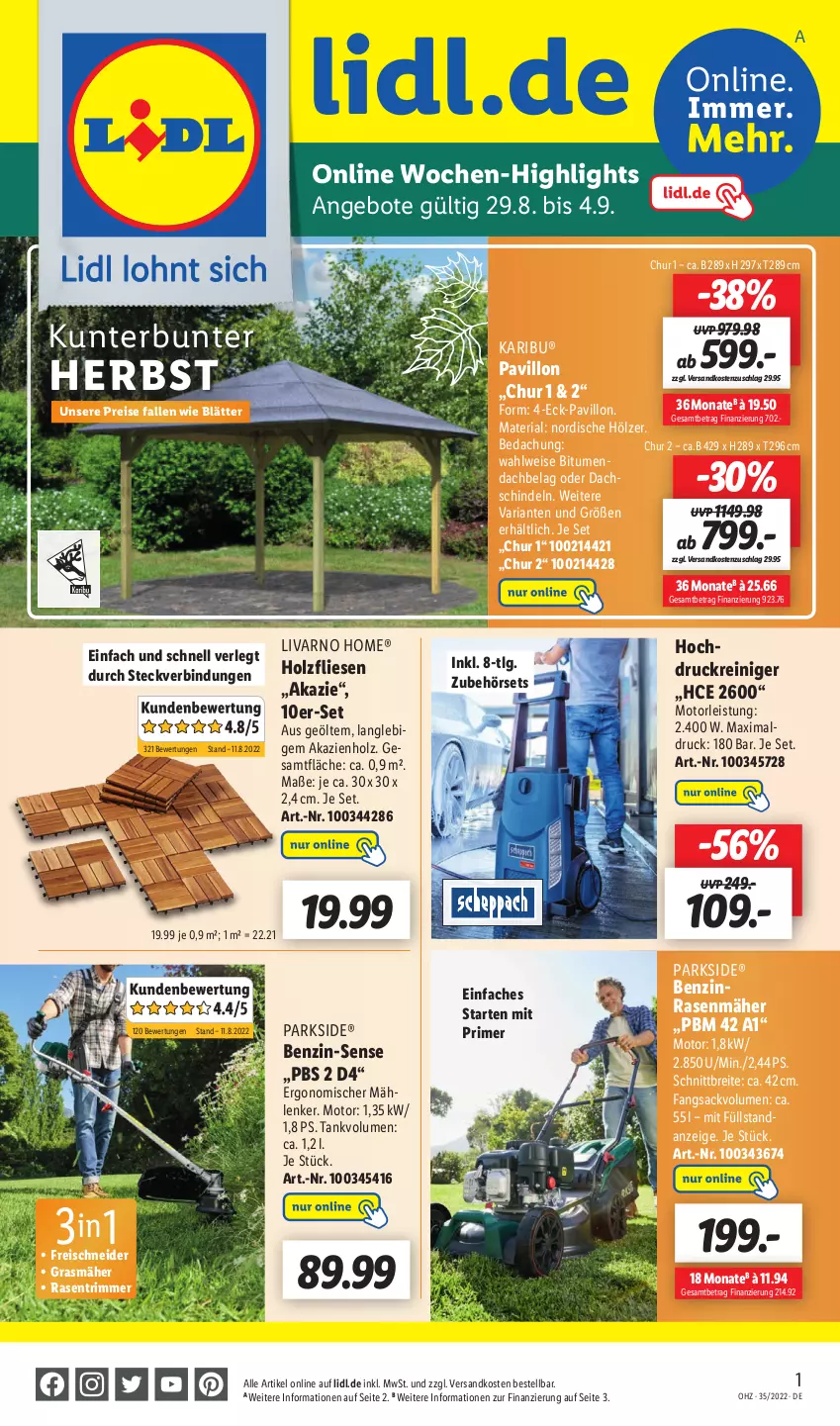 Aktueller Prospekt Lidl - Wochen-Highlights im Onlineshop - von 29.08 bis 04.09.2022 - strona 1 - produkty: angebot, angebote, Brei, eis, hochdruckreiniger, Holz, LG, ndk, Parkside, pavillon, rasen, rasenmäher, rasentrimmer, reiniger, reis, Ria, sac, Ti