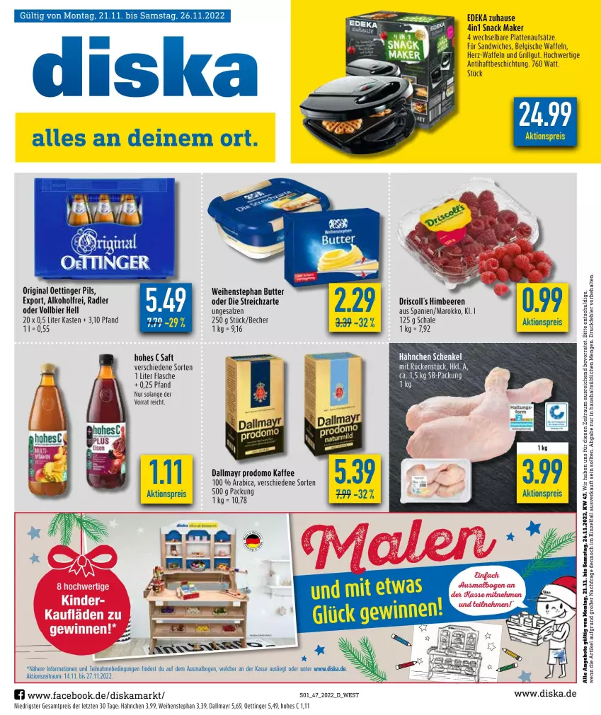 Aktueller Prospekt Diska - Prospekte - von 21.11 bis 26.11.2022 - strona 1 - produkty: aktionspreis, alkohol, angebot, angebote, Becher, beere, beeren, bier, butter, dallmayr, dallmayr prodomo, deka, eis, flasche, gin, grill, henkel, himbeer, himbeere, himbeeren, kaffee, latte, LG, oettinger, pils, prodomo, radler, reis, saft, salz, sandwich, schenkel, snack, Streichzart, Ti, waffeln, weihenstephan, ZTE