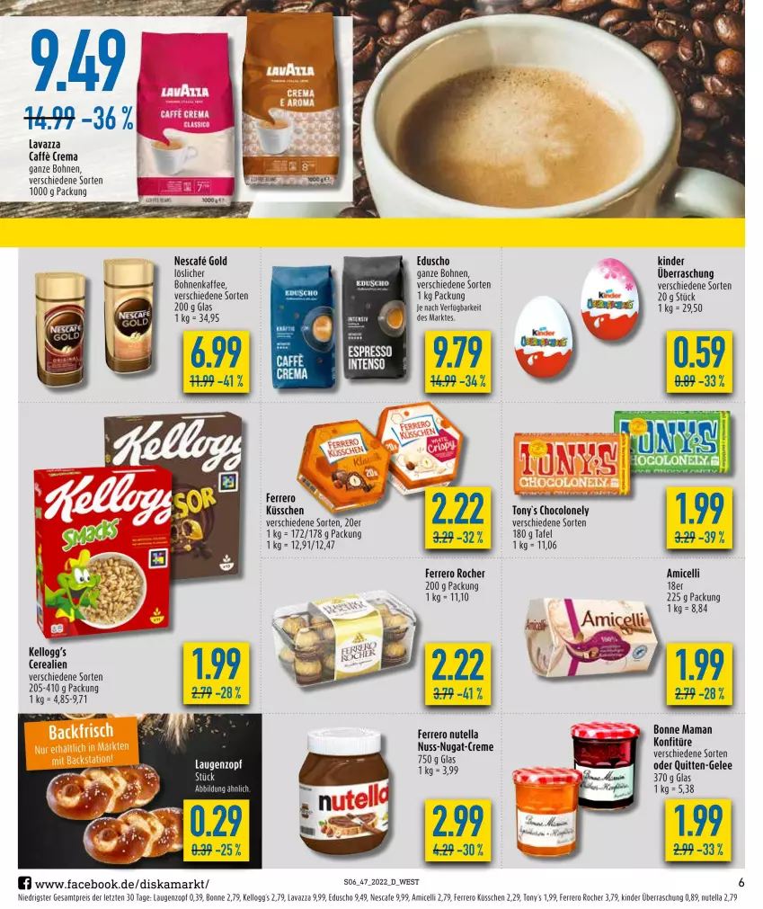 Aktueller Prospekt Diska - Prospekte - von 21.11 bis 26.11.2022 - strona 6 - produkty: amicelli, bohne, bohnen, bohnenkaffee, caffe, cerealien, creme, eduscho, eis, ferrero, Ferrero Küsschen, Ferrero Rocher, gelee, hama, kaffee, Kinder, lavazza, nescafe, nuss, nuss-nugat-creme, nutella, reis, ZTE