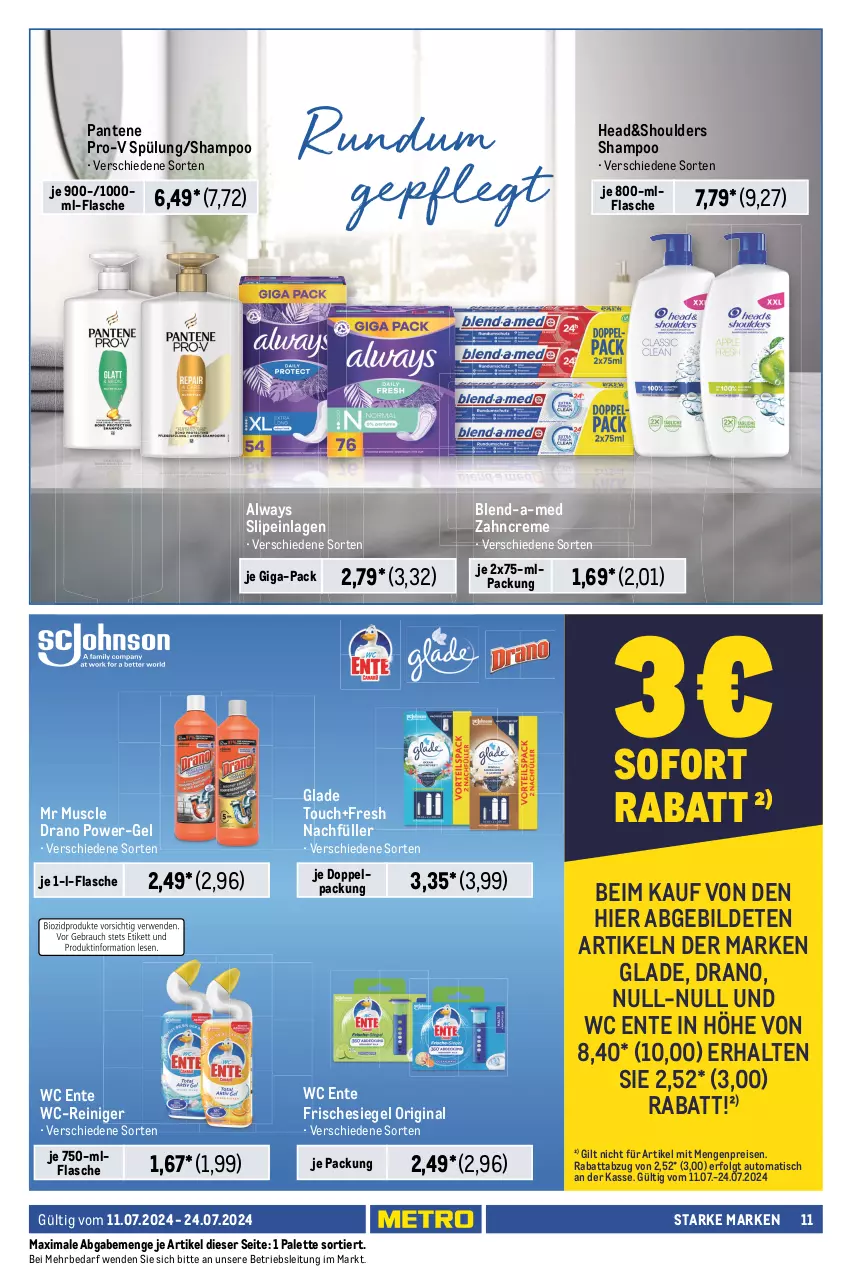 Aktueller Prospekt Metro - Starke Marken - von 11.07 bis 24.07.2024 - strona 11 - produkty: Alwa, Always, arla, auto, blend-a-med, body, bodylotion, creme, deo, deo roll-on, deospray, dusche, duschgel, eis, ente, fa duschgel, feuchtigkeitscreme, flasche, gin, Glade, Haarlack, haarspray, lack, LG, Lotion, nivea, Palette, pantene, pantene pro-v, pflegedusche, power-gel, pro-v, reiniger, reis, roll-on, schauma, schauma shampoo, shampoo, slip, slipeinlagen, spülung, Taft, Ti, tisch, wc ente, wc-reiniger, zahncreme