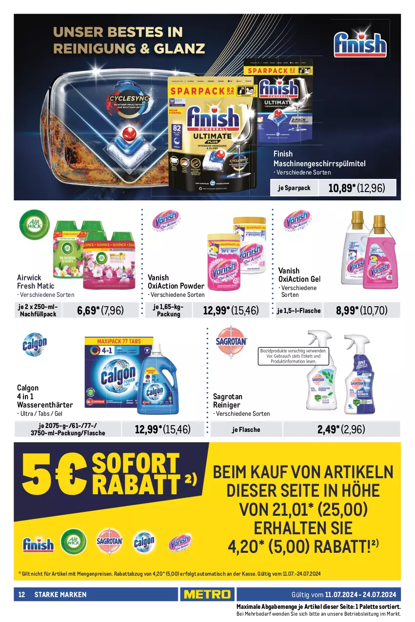 Aktueller Prospekt Metro - Starke Marken - von 11.07 bis 24.07.2024 - strona 12 - produkty: airwick, auto, calgon, eis, Finish, flasche, geschirr, LG, Palette, reiniger, reis, sagrotan, Ti, tisch, vanish, wasser, wasserenthärter, WICK