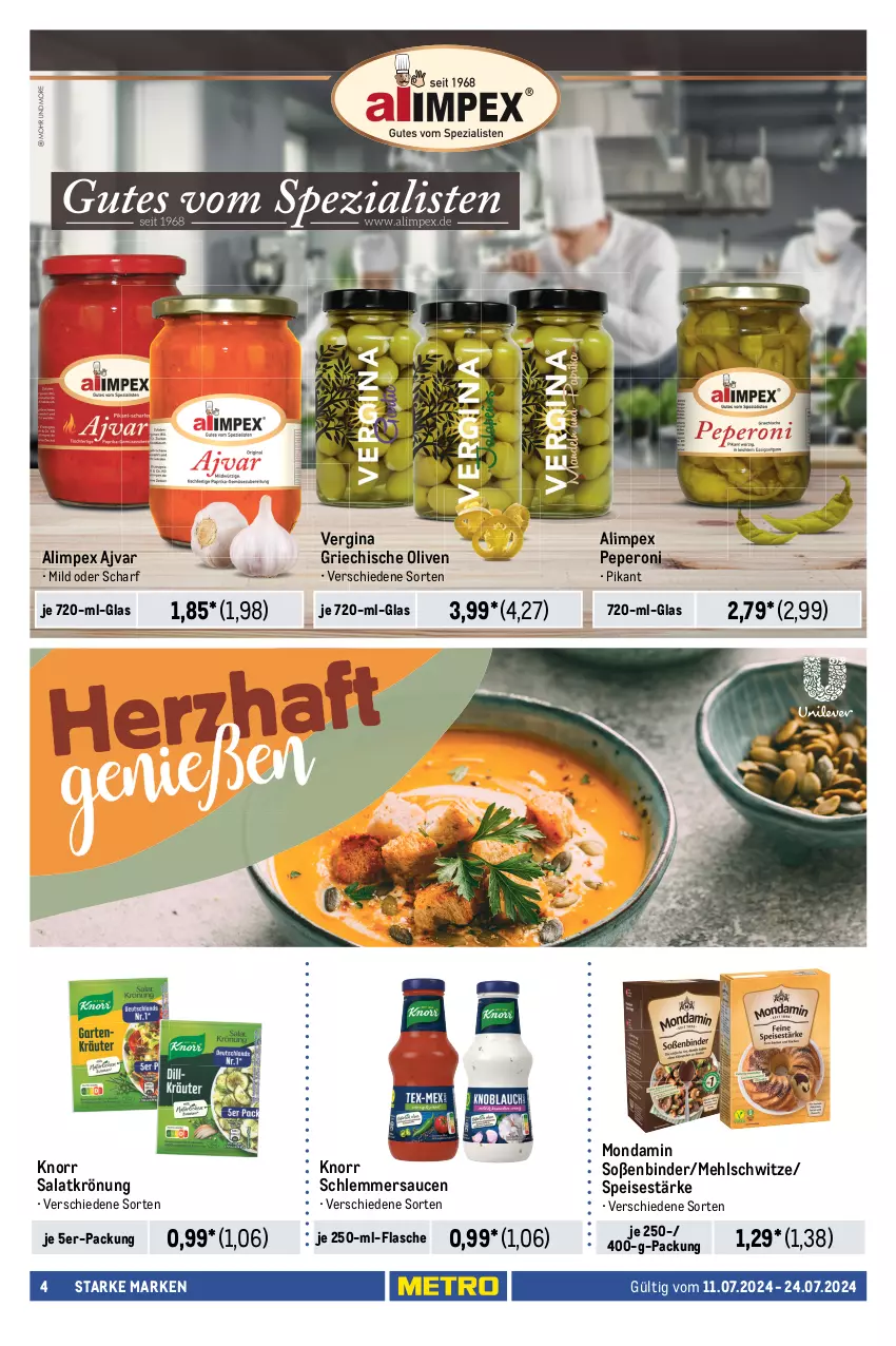 Aktueller Prospekt Metro - Starke Marken - von 11.07 bis 24.07.2024 - strona 4 - produkty: Ajvar, eis, flasche, getränk, getränke, gin, knorr, mehl, mondamin, olive, oliven, Palette, peperoni, Peroni, raspberry, salat, salatkrönung, sauce, saucen, schlemmersauce, schlemmersaucen, smirnoff, Soße, Ti, vodka