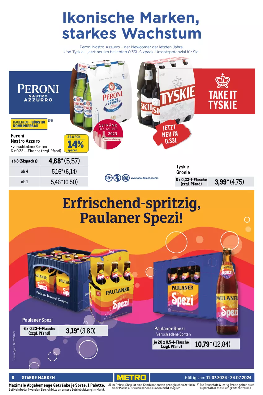 Aktueller Prospekt Metro - Starke Marken - von 11.07 bis 24.07.2024 - strona 8 - produkty: auer, drink, eis, energy drink, flasche, getränk, getränke, lack, Palette, Paula, paulaner, Peroni, reis, Spezi, Ti, tyskie