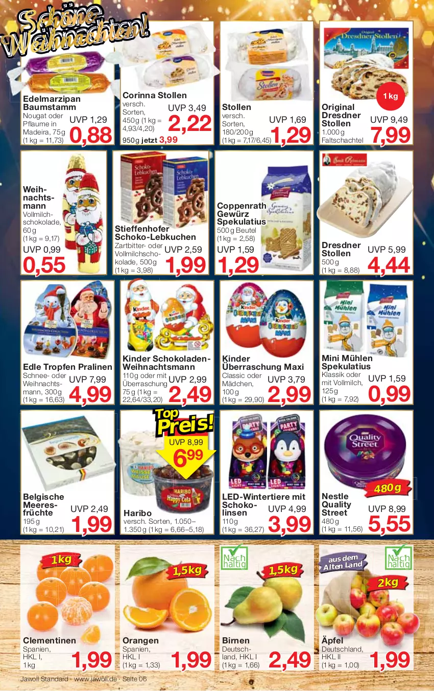 Aktueller Prospekt Jawoll - Prospekte - von 18.12 bis 24.12.2022 - strona 6 - produkty: Bau, beutel, Birnen, clementinen, coppenrath, Dresdner Stollen, Edelmarzipan, früchte, gewürz, gin, haribo, Kinder, kinder schokolade, kuchen, Lebkuchen, LG, linsen, marzipan, milch, orange, orangen, pflaume, pralinen, schoko, schokolade, schokoladen, Stollen, Ti, Tiere, vollmilch