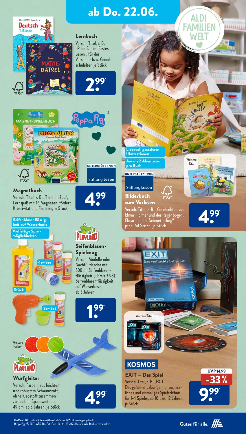 Aktueller Prospekt AldiSud - NÄCHSTE WOCHE - von 19.06 bis 24.06.2023 - strona 27 - produkty: buch, dell, eis, elle, ente, fanta, flasche, Hasbro, Magnetbuch, Maus, Mett, Mode, Peppa Pig, reis, Schmetterling, Seife, senf, Spiele, spielzeug, Ti, Tiere, wasser