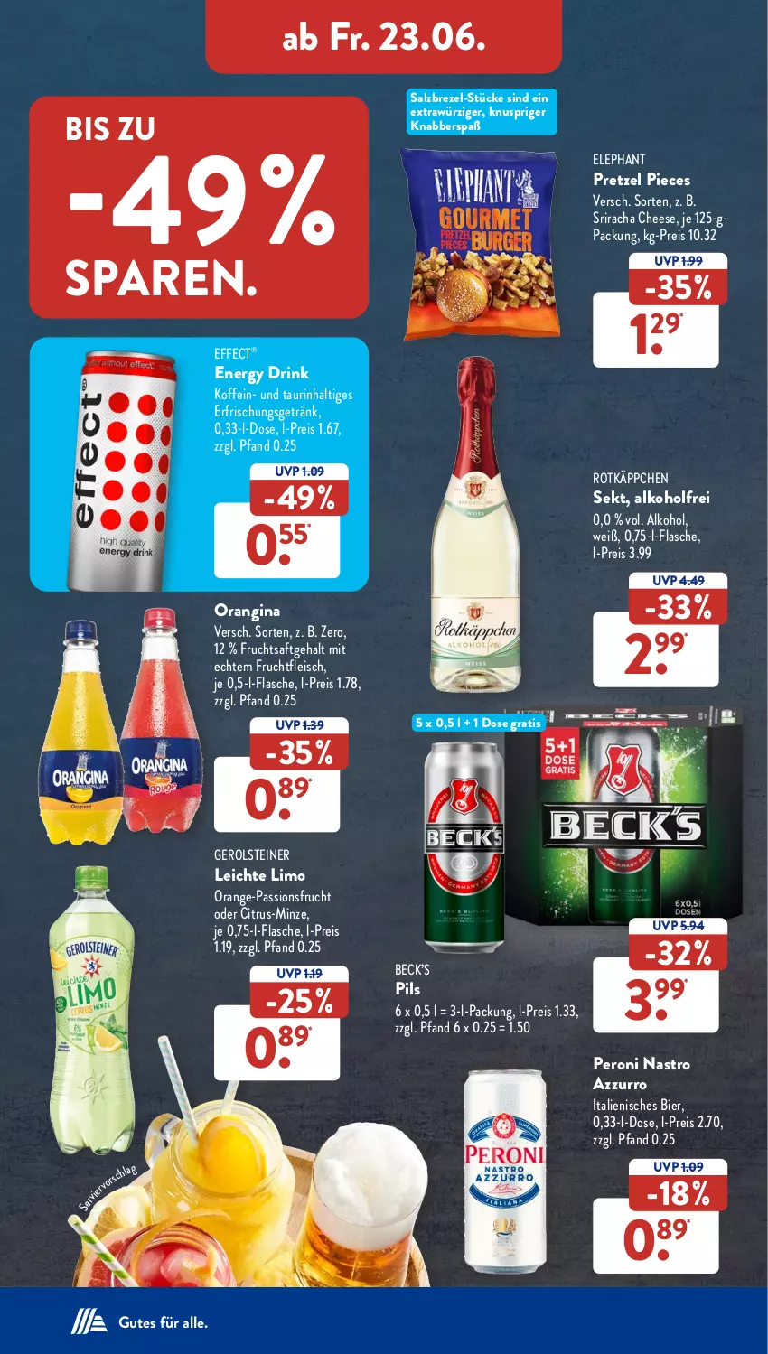 Aktueller Prospekt AldiSud - NÄCHSTE WOCHE - von 19.06 bis 24.06.2023 - strona 33 - produkty: alkohol, bier, brezel, citrus, drink, Effect, eis, energy drink, erfrischungsgetränk, flasche, fleisch, frucht, fruchtfleisch, fruchtsaft, gerolsteine, gerolsteiner, getränk, gin, limo, minze, orange, orangina, passionsfrucht, Peroni, pils, Pretzel, reis, rotkäppchen, saft, salz, sekt, Sriracha, steiner, Ti