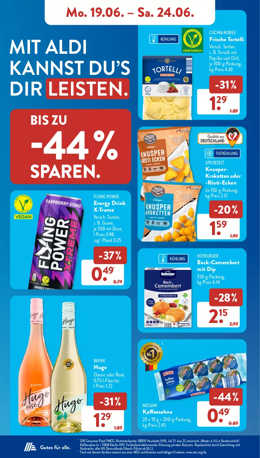 Aktueller Prospekt AldiSud - NÄCHSTE WOCHE - von 19.06 bis 24.06.2023 - strona 9 - produkty: aldi, brut, burger, camembert, chili, cin, dip, drink, eis, Elektro, energy drink, fisch, fische, Fischer, flasche, Guave, HP, hugo, kaffee, Kette, kondensmilch, Kroketten, Laufen, milch, mit paprika, paprika, reis, sahne, Schere, Ti, torte