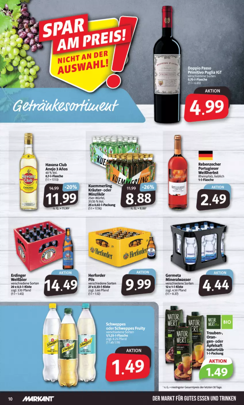 Aktueller Prospekt Markant - Prospekte - von 13.03 bis 18.03.2023 - strona 10 - produkty: Alwa, apfel, apfelsaft, bier, eis, erdinger, flasche, Germ, Havana Club, kräuter, kuemmerling, likör, merl, mineralwasser, natur, pils, reis, saft, Ti, trauben, wasser, würfel, ZTE