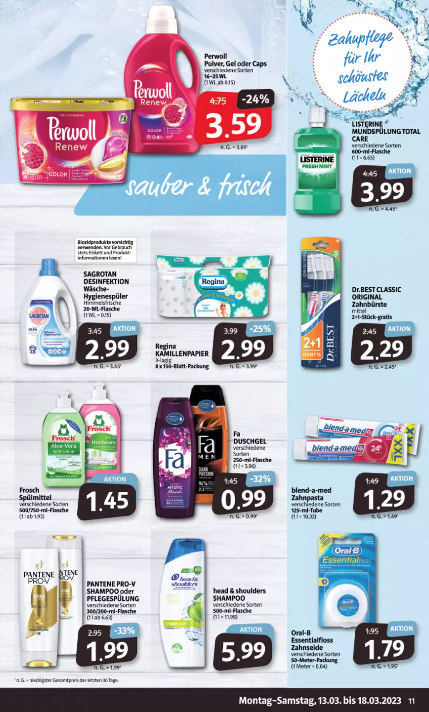 Aktueller Prospekt Markant - Prospekte - von 13.03 bis 18.03.2023 - strona 11 - produkty: blend-a-med, bürste, Cap, Desinfektion, duschgel, eis, Essentialfloss, fa duschgel, flasche, hygienespüler, oral-b, pantene, pantene pro-v, papier, perwoll, Pflegespülung, pro-v, Rauch, reis, rwe, sagrotan, shampoo, spülung, Ti, Zahnseide, ZTE