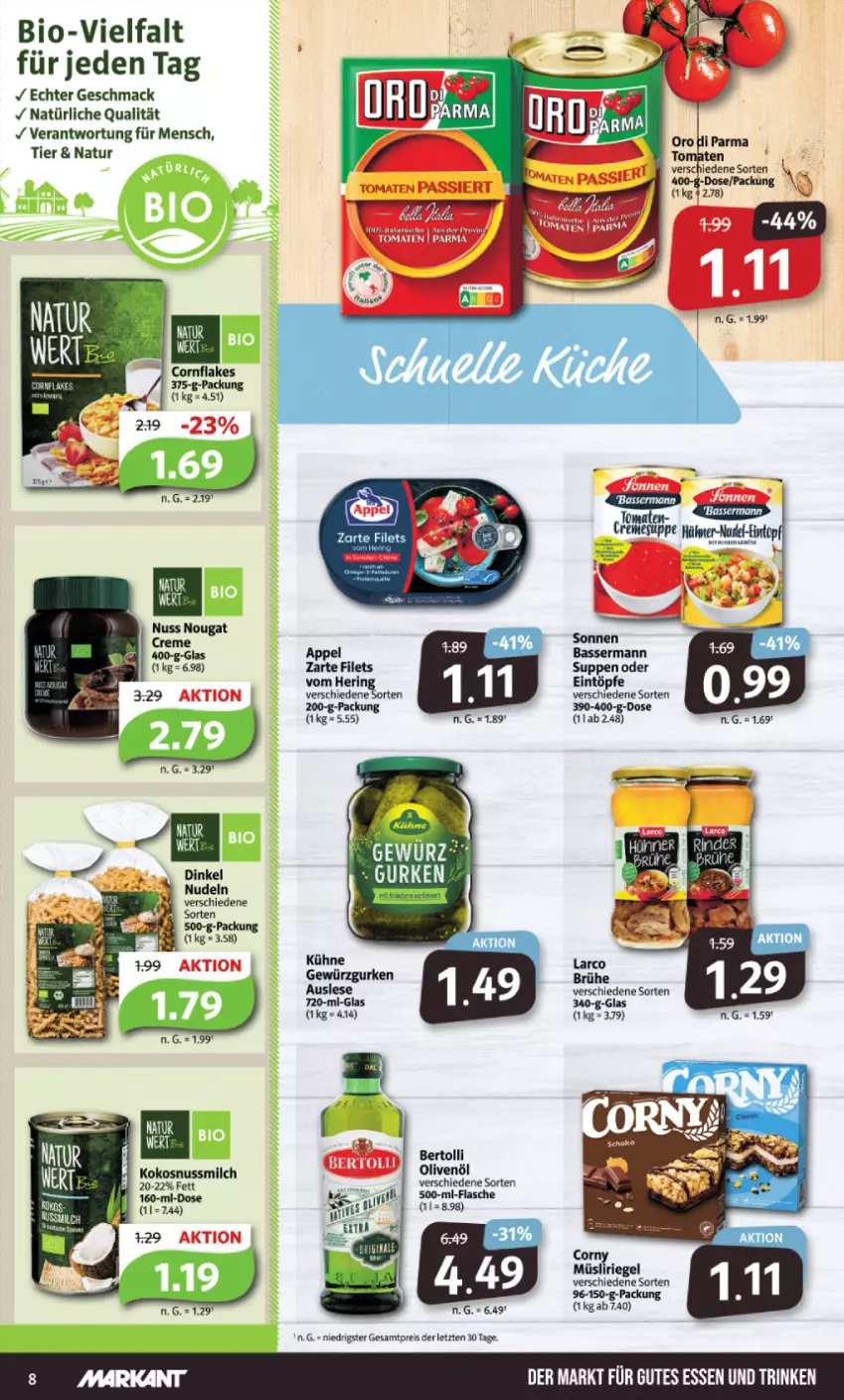 Aktueller Prospekt Markant - Prospekte - von 13.03 bis 18.03.2023 - strona 8 - produkty: bertolli, bio, Brühe, eintöpfe, eis, filet, filets, flakes, flasche, gewürz, Gewürzgurke, gewürzgurken, gurke, gurken, kokos, kokosnuss, Kokosnussmilch, Kühne, mac, milch, müsli, Müsliriegel, natur, nudel, nudeln, nuss, olive, oliven, olivenöl, reis, riegel, suppe, suppen, Ti, tomate, tomaten, ZTE