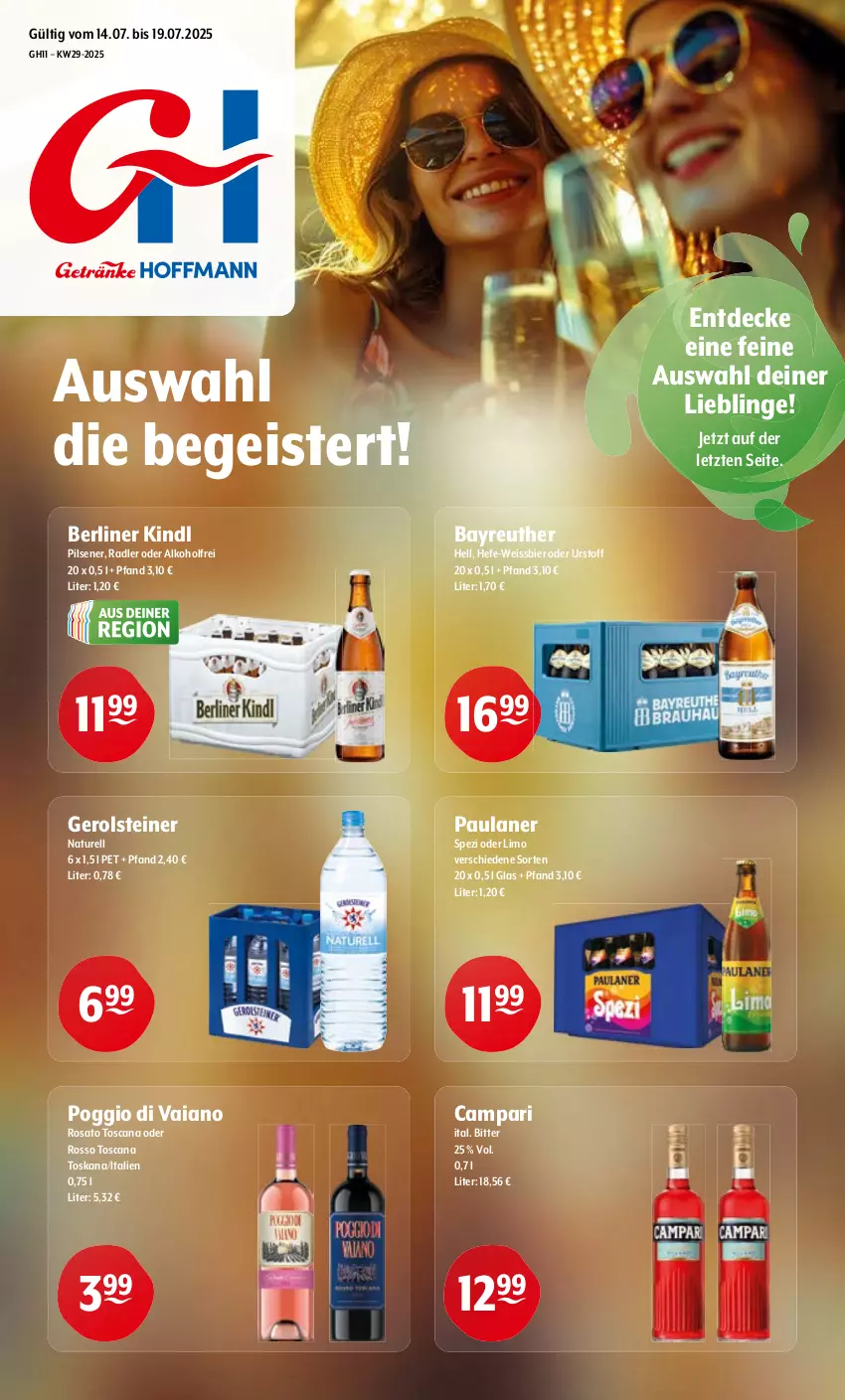 Aktueller Prospekt Getraenke Hoffmann - Prospekte - von 14.07 bis 19.07.2025 - strona 1 - produkty: alkohol, berliner, berliner kindl, bier, campari, decke, eis, gerolsteine, gerolsteiner, Hefe, limo, natur, Paula, paulaner, pils, pilsener, radler, rel, rosato, Spezi, steiner, Ti, weissbier, ZTE