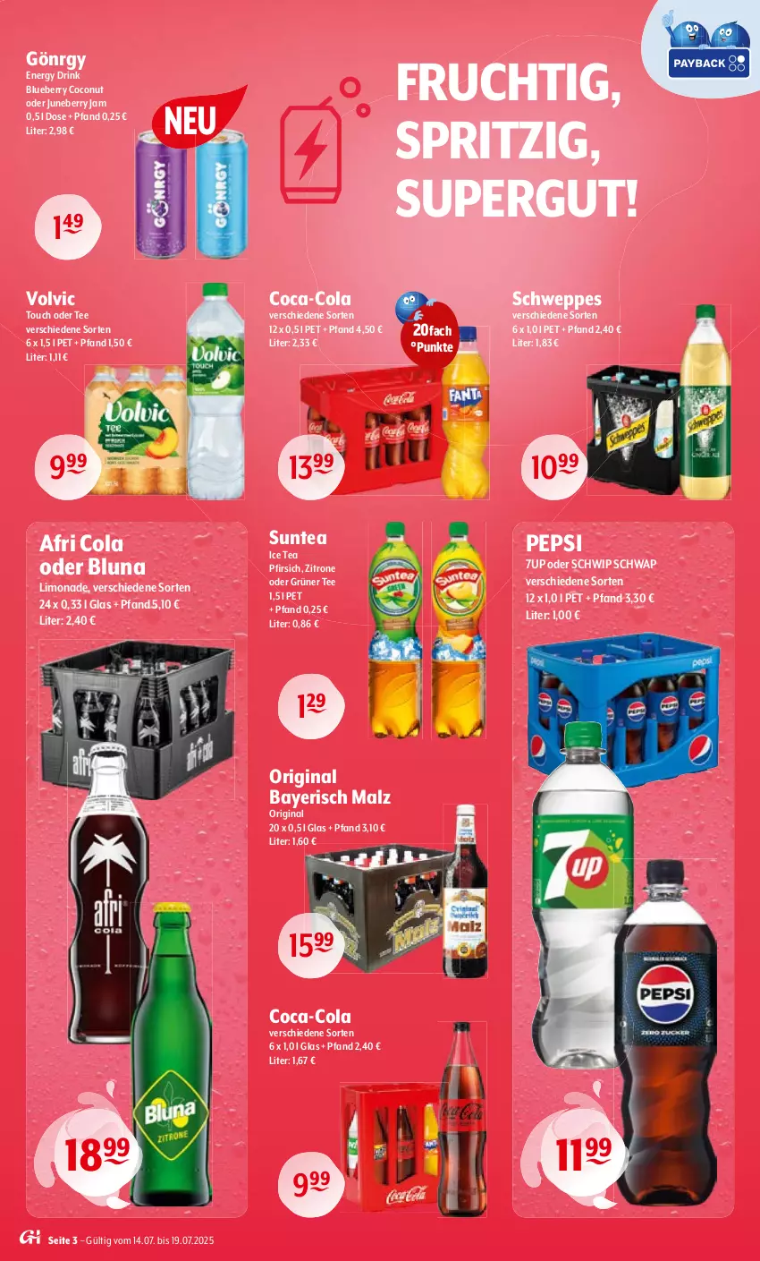 Aktueller Prospekt Getraenke Hoffmann - Prospekte - von 14.07 bis 19.07.2025 - strona 3 - produkty: 7UP, Afri Cola, blueberry, coca-cola, coconut, cola, drink, energy drink, frucht, gin, grüner tee, ice tea, limo, limonade, malz, pepsi, pfirsich, schweppes, Schwip Schwap, tee, Ti, volvic, zitrone