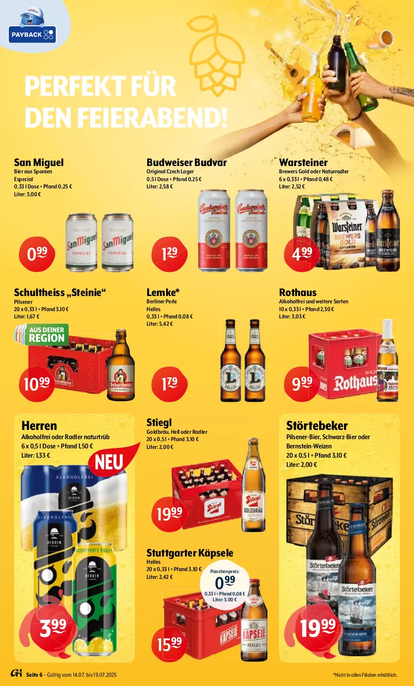 Aktueller Prospekt Getraenke Hoffmann - Prospekte - von 14.07 bis 19.07.2025 - strona 6 - produkty: alkohol, berliner, bier, budweiser, eier, eis, elle, flasche, gin, natur, oder radler, pils, pilsener, radler, reis, Schultheiss, steiner, Stiegl, störtebeker, Ti, warsteiner