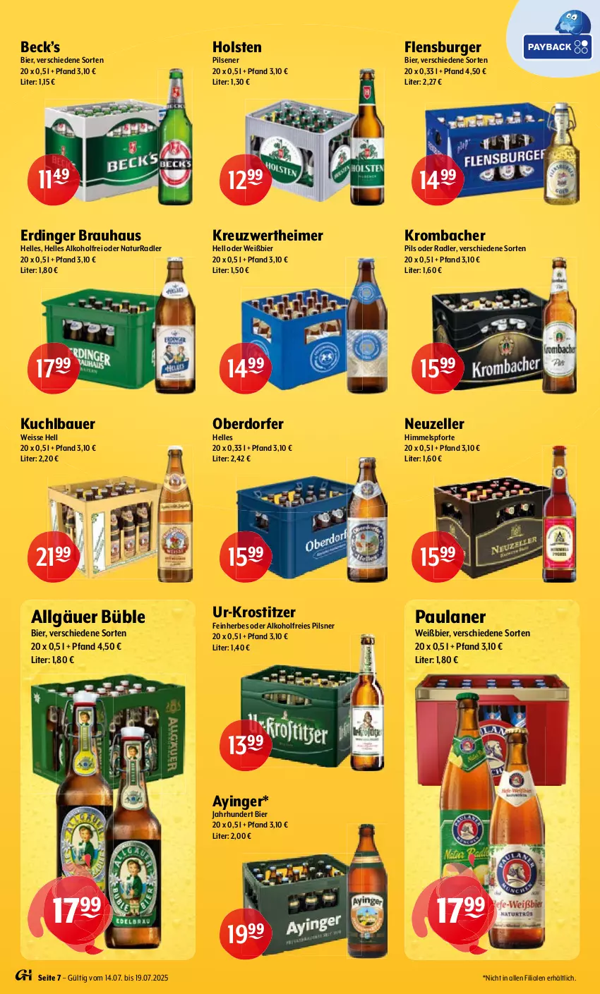 Aktueller Prospekt Getraenke Hoffmann - Prospekte - von 14.07 bis 19.07.2025 - strona 7 - produkty: alkohol, auer, Bau, Bauer, bier, burger, eimer, eis, elle, erdinger, flensburger, holsten, holsten pilsener, krombache, krombacher, krombacher pils, LG, natur, oder radler, Paula, paulaner, pils, pilsener, pilsner, radler, Ti