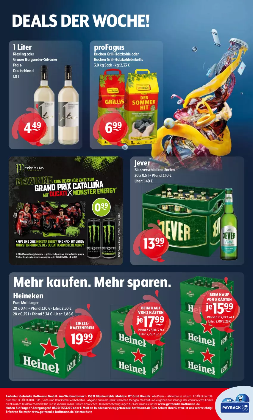 Aktueller Prospekt Getraenke Hoffmann - Prospekte - von 14.07 bis 19.07.2025 - strona 8 - produkty: abholpreise, auer, bier, briketts, buch, burgunder, eis, getränk, getränke, gewinnspiel, gin, grauer burgunder, grill, grill-holzkohle, heineken, Holz, holzkohle, jever, LG, mac, monster, Monster Energy, profagus, reis, riesling, sac, silvaner, Spiele, Ti