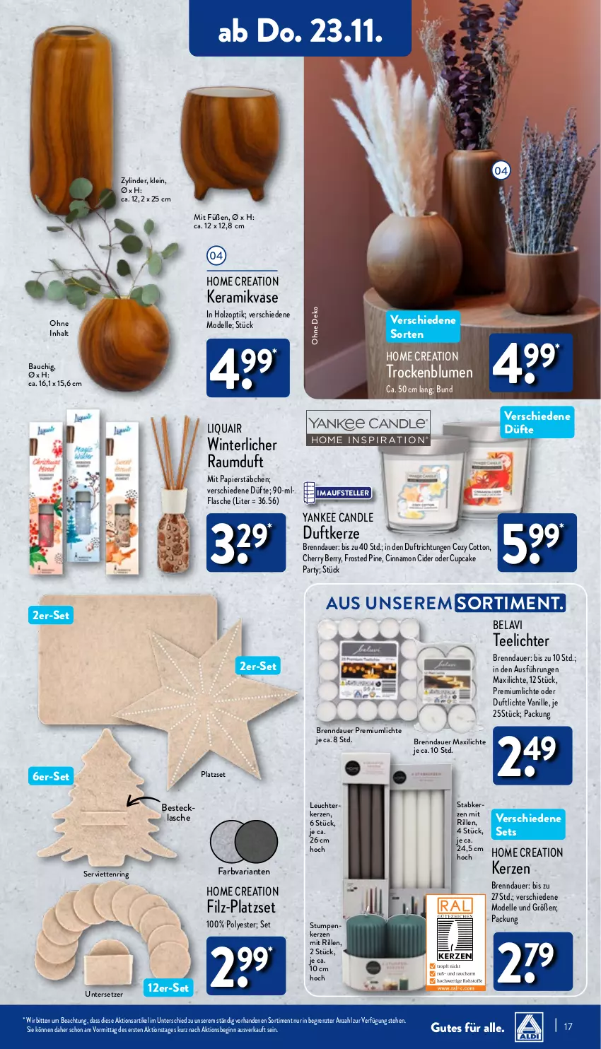 Aktueller Prospekt Aldi Nord - Von Montag - von 20.11 bis 25.11.2023 - strona 17 - produkty: auer, Bau, besteck, blume, blumen, cider, cin, dell, Duftkerze, elle, flasche, gin, Holz, kerze, Leuchte, Mode, papier, Raumduft, Ria, ring, Serviette, servietten, Serviettenring, Stabkerze, tee, Teelicht, teelichte, teller, Ti, Untersetzer, vanille, Vase, ZTE