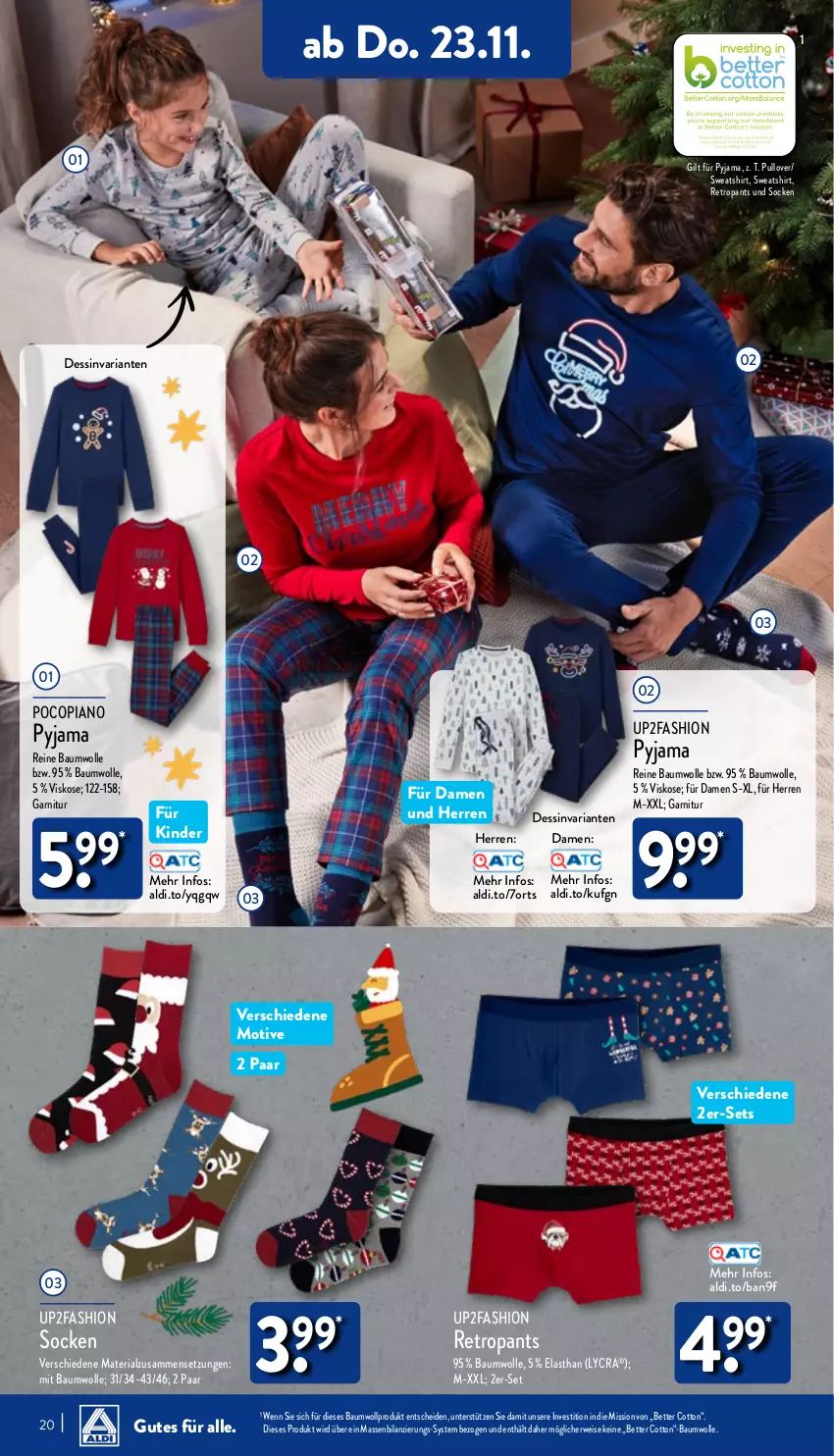 Aktueller Prospekt Aldi Nord - Von Montag - von 20.11 bis 25.11.2023 - strona 20 - produkty: aldi, Bau, baumwolle, bett, eis, garnitur, Kinder, Pants, pocopiano, Pullover, Pyjama, reine baumwolle, Retropants, Ria, rwe, shirt, socken, Sweatshirt, Ti, up2fashion, wolle