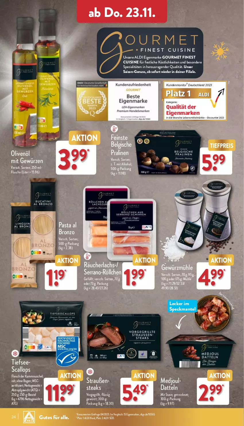 Aktueller Prospekt Aldi Nord - Von Montag - von 20.11 bis 25.11.2023 - strona 24 - produkty: aldi, alkohol, Belgische Pralinen, beutel, Datteln, discount, eis, ente, escal, flasche, fleisch, gewürz, Gewürzmühle, grill, lachs, lebensmittel, LG, Mantel, monitor, nuss, olive, oliven, olivenöl, pasta, pralinen, Räucherlachs, reis, serrano, Speck, Spezi, steak, steaks, Ti, tiefpreis