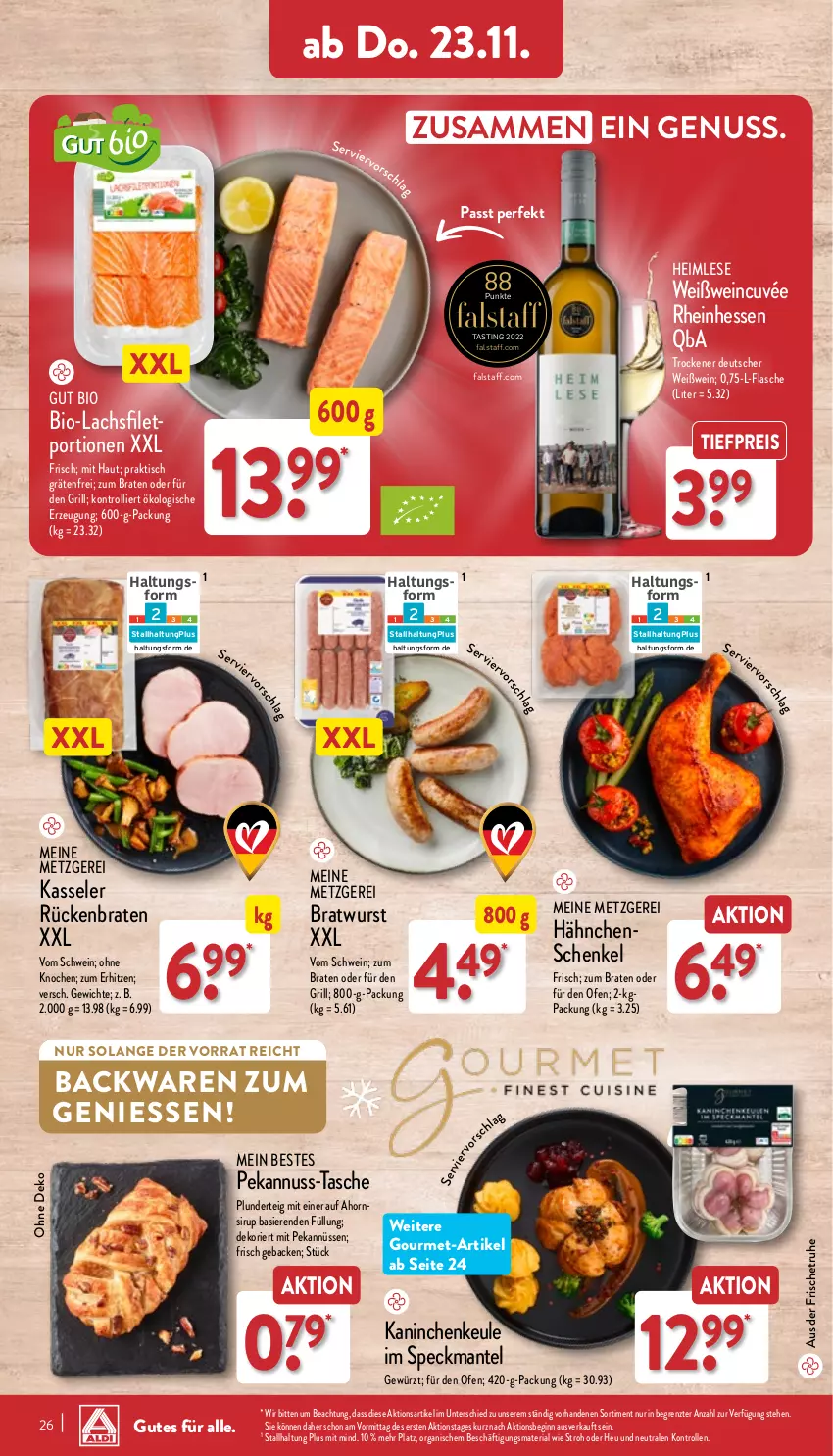 Aktueller Prospekt Aldi Nord - Von Montag - von 20.11 bis 25.11.2023 - strona 26 - produkty: asti, backwaren, bio, braten, bratwurst, cuvée, eis, filet, flasche, geback, gewürz, gin, grill, henkel, Heu, Kaninchenkeule, kasseler, lachs, lachsfilet, Mantel, nuss, Ofen, Plunder, reis, Ria, Rückenbraten, schenkel, schwein, sirup, Speck, Tasche, Ti, tiefpreis, tisch, trolli, wein, Weißwein, wurst, ZTE