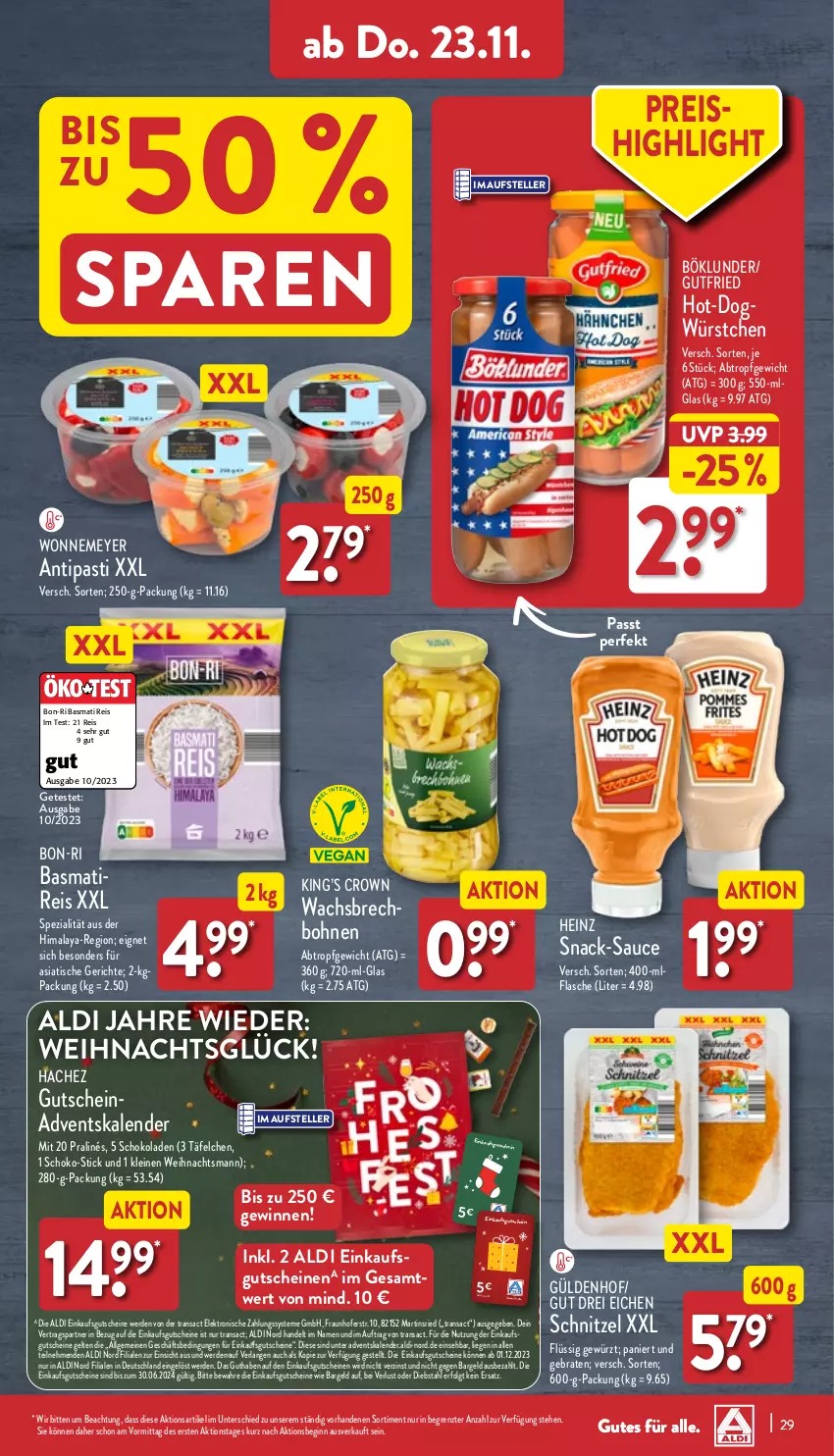 Aktueller Prospekt Aldi Nord - Von Montag - von 20.11 bis 25.11.2023 - strona 29 - produkty: Adventskalender, aldi, antipasti, asti, basmati, Basmati Reis, bohne, bohnen, böklunder, braten, eis, Elektro, elle, erde, flasche, gewürz, gin, gutfried, gutschein, gutscheine, heinz, leine, LG, Liege, reis, sac, sauce, schnitzel, schoko, schokolade, schokoladen, snack, Spezi, teller, Ti, tisch, usb, würstchen, ZTE