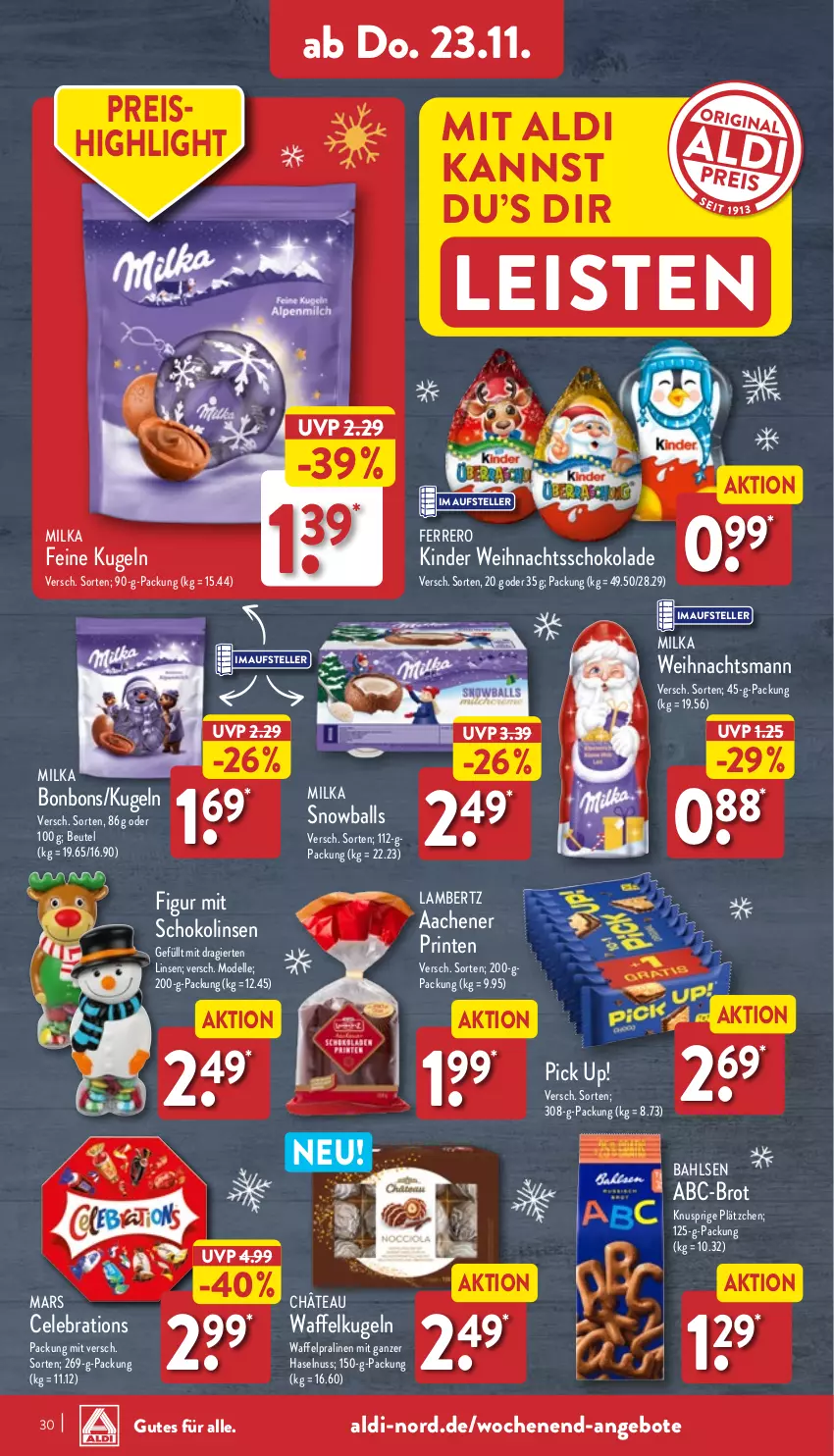 Aktueller Prospekt Aldi Nord - Von Montag - von 20.11 bis 25.11.2023 - strona 30 - produkty: aldi, Amber, angebot, angebote, bahlsen, ball, beutel, bonbons, brot, dell, eis, elle, ferrero, haselnuss, Kinder, Kugel, lambertz, Lätzche, linsen, mars, milka, Mode, nuss, Pick Up!, pralinen, reis, schoko, schokolade, Schokolinsen, teller, Ti