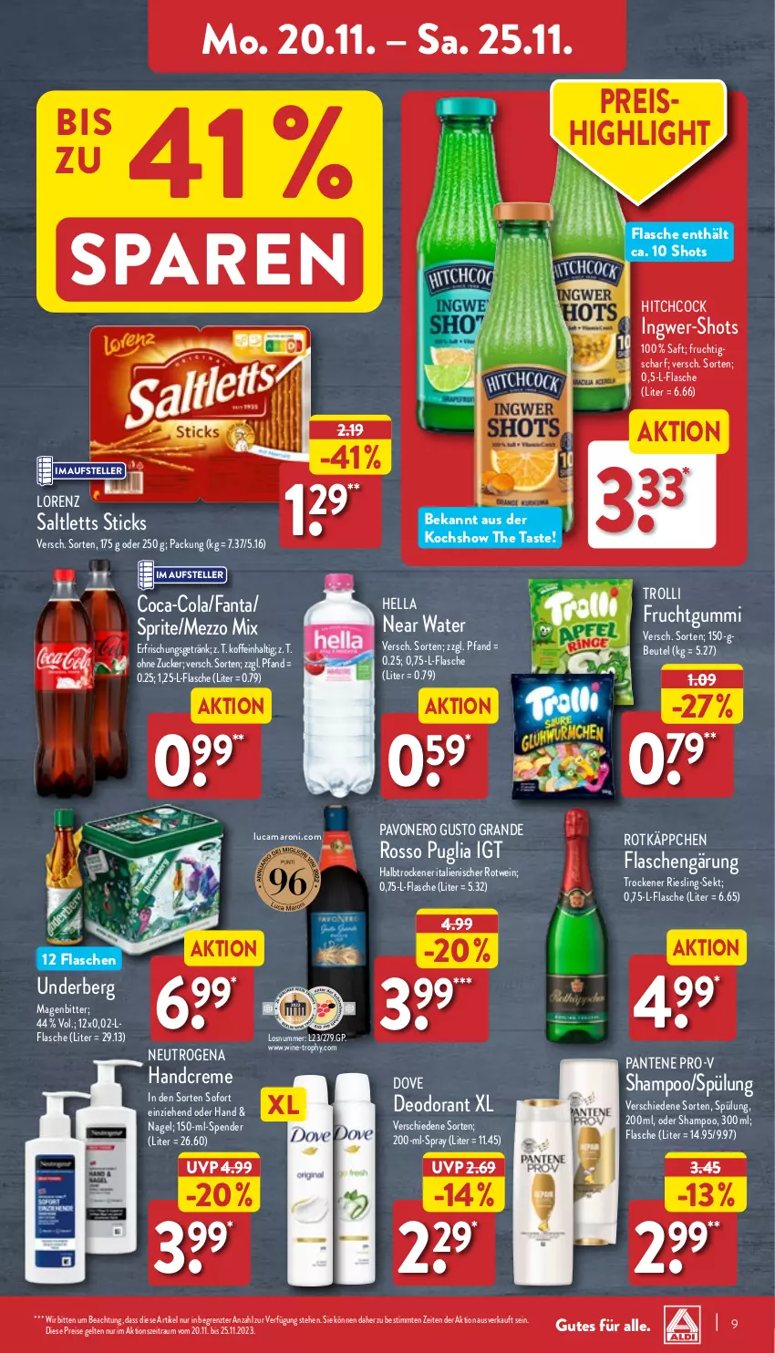 Aktueller Prospekt Aldi Nord - Von Montag - von 20.11 bis 25.11.2023 - strona 9 - produkty: amaro, beutel, coca-cola, cola, creme, deo, deodorant, dove, eis, elle, erfrischungsgetränk, fanta, flasche, frucht, getränk, handcreme, hella, ingwer, lorenz, Mezzo Mix, nero, neutrogena, pantene, pantene pro-v, pro-v, reis, riesling, rotkäppchen, rotwein, saft, saltletts, sekt, shampoo, sprite, spülung, teller, Ti, trolli, underberg, wein, ZTE, zucker