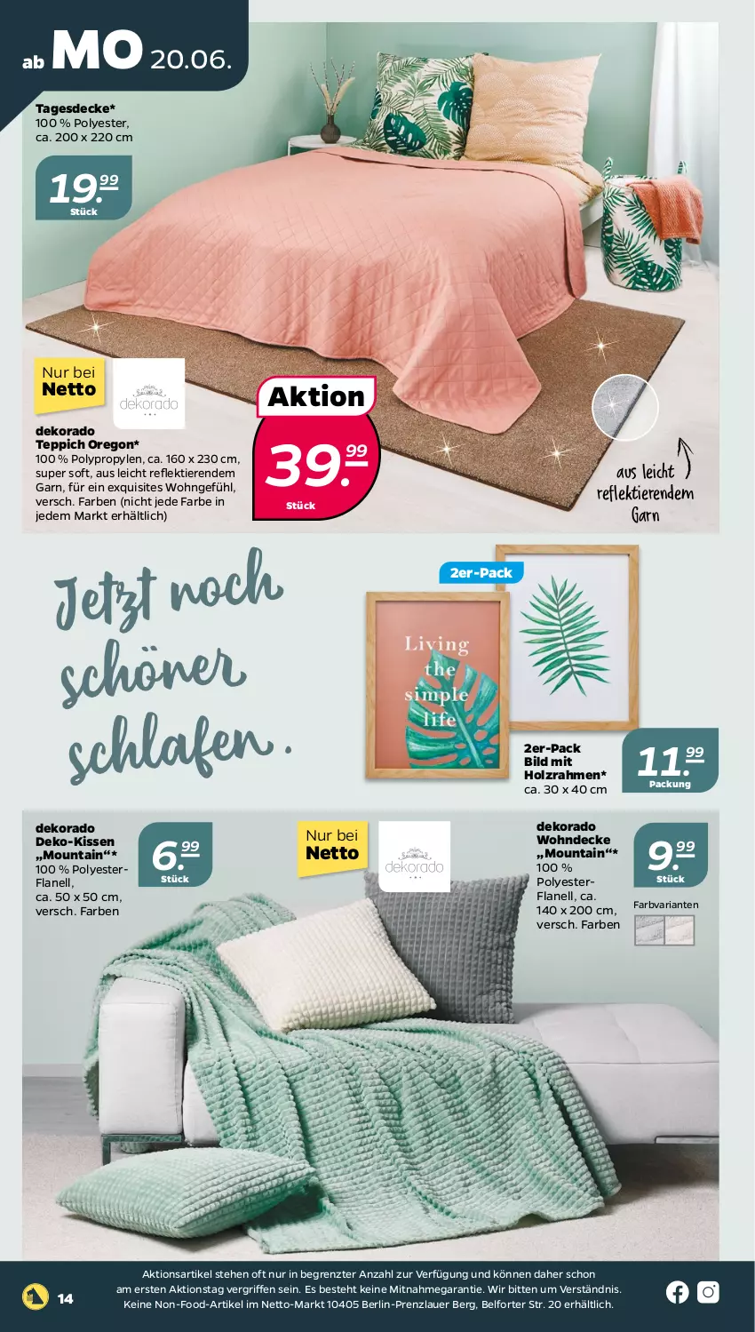 Aktueller Prospekt Netto - Angebote ab Montag - von 20.06 bis 25.06.2022 - strona 14 - produkty: auer, decke, Holz, kissen, Ria, tagesdecke, teppich, Ti, Tiere, ZTE