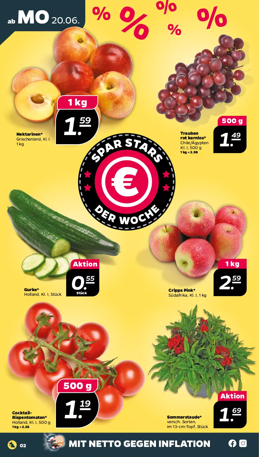 Aktueller Prospekt Netto - Angebote ab Montag - von 20.06 bis 25.06.2022 - strona 2 - produkty: cocktail, gurke, Nektar, nektarinen, rispentomaten, Ti, tomate, tomaten, topf, trauben