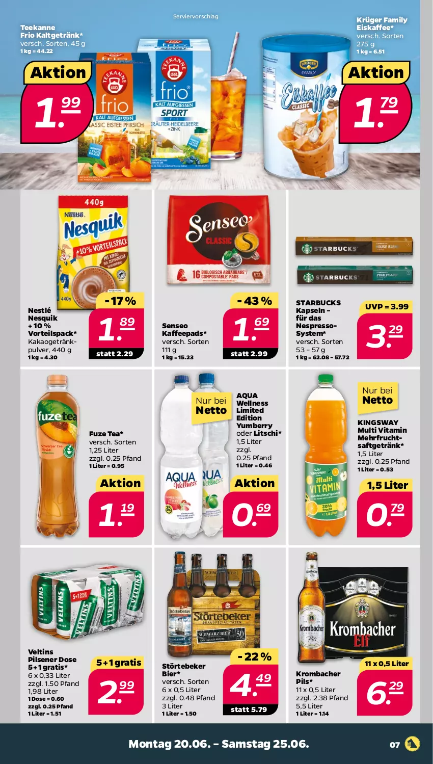 Aktueller Prospekt Netto - Angebote ab Montag - von 20.06 bis 25.06.2022 - strona 7 - produkty: aqua, bier, eis, eiskaffee, espresso, frucht, fruchtsaft, fruchtsaftgetränk, fuze tea, getränk, gsw, kaffee, kaffeepads, kakao, krombache, krombacher, krombacher pils, krüger, nespresso, nesquik, nestlé, pils, pilsener, saft, senseo, starbucks, störtebeker, tee, teekanne, Ti, veltins, veltins pilsener, vita