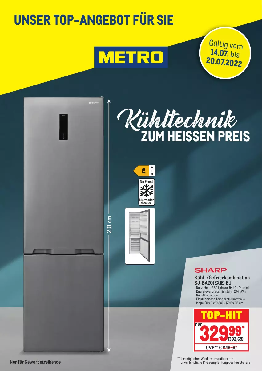 Aktueller Prospekt Metro - Unser Top Angebot - von 14.07 bis 20.07.2022 - strona 1 - produkty: angebot, eis, Elektro, elle, gefrierkombination, Rauch, reis, teller, Ti, top-angebot, top-hit