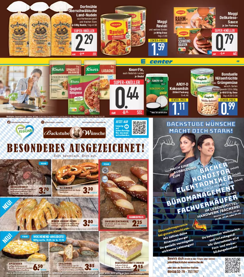 Aktueller Prospekt E Center - Angebote der Woche - von 10.04 bis 15.04.2023 - strona 13 - produkty: angebot, angebote, apfel, Apfelkuchen, aprikose, aprikosen, auer, ball, banane, bananen, Bau, Bauer, beutel, bonduelle, brot, brötchen, butter, chips, dinkelmehl, eier, eis, elle, ente, frucht, früchte, grill, hartweizen, hülsenfrüchte, joghur, joghurt, Käse, knorr, knorr fix, kokos, kokosmilch, konfitüre, kuchen, mac, maggi, mandel, mandeln, mehl, milch, mit frucht, nudel, nudeln, Ofen, pfeffer, Plunder, ravioli, reis, saft, sahne, sauce, senf, snack, stube, super-knüller, Ti, weizenbrötchen, ZTE