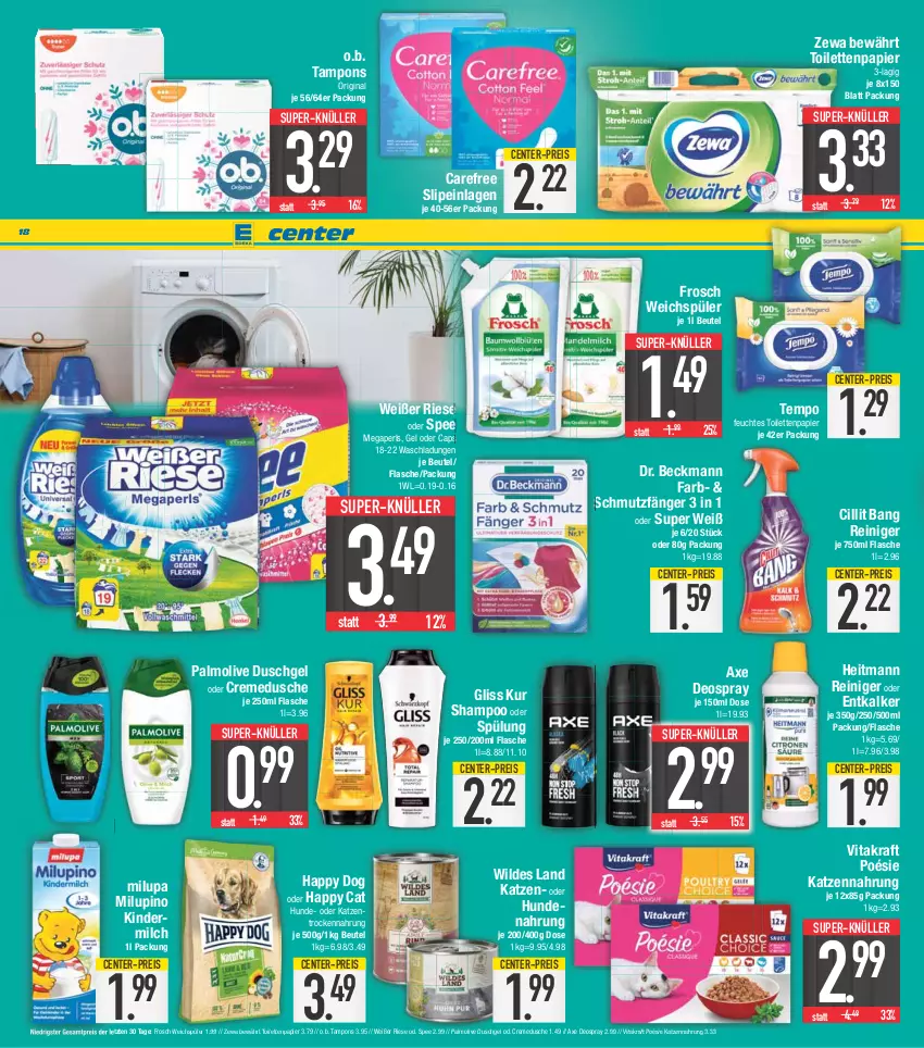 Aktueller Prospekt E Center - Angebote der Woche - von 10.04 bis 15.04.2023 - strona 18 - produkty: axe, beutel, Cap, carefree, Cillit, cillit bang, creme, cremedusche, deo, deospray, Dr. Beckmann, dusche, duschgel, eis, ente, entkalker, feuchtes toilettenpapier, flasche, Frosch, gin, gliss, gliss kur, Happy Cat, heitmann, hundenahrung, katzennahrung, Kinder, kindermilch, kraft, megaperls, milch, milupa, O.b., olive, palmolive, papier, reiniger, reis, shampoo, shampoo oder spülung, slip, slipeinlagen, spee, spülung, super-knüller, Tampon, tampons, Tempo, toilettenpapier, Trockennahrung, vita, vitakraft, weichspüler, Wild, zewa, ZTE