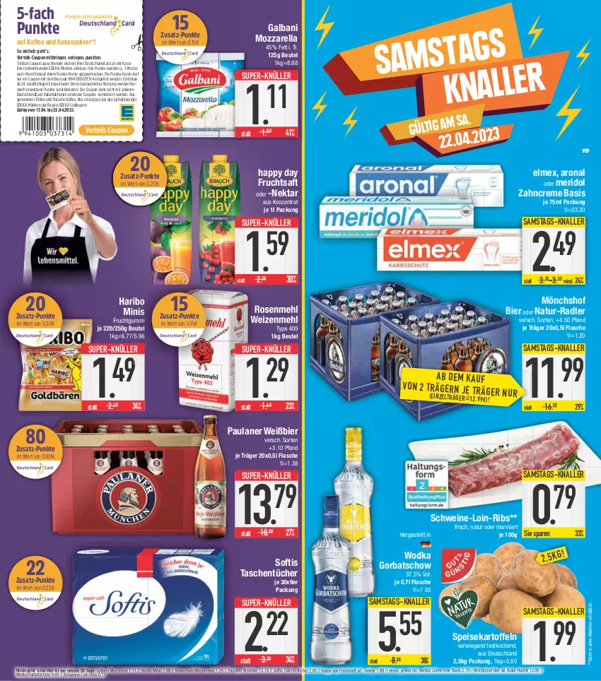 Aktueller Prospekt E Center - Angebote der Woche - von 10.04 bis 15.04.2023 - strona 19 - produkty: beutel, bier, coupon, coupons, creme, deka, deutschlandcard, eduscho, eis, elmex, erde, flasche, frucht, fruchtgummi, fruchtsaft, galbani, Gorbatschow, Happy Day, haribo, kaffee, kakao, kartoffel, kartoffeln, mehl, meridol, mönchshof, mozzarella, natur, Nektar, Paula, paulaner, radler, reis, rel, ring, rosen, Rosenmehl, saft, schwein, schweine, speisekartoffeln, super-knüller, Tasche, taschen, taschentücher, Tchibo, Ti, tücher, type 405, wein, weine, weizenmehl, wodka, zahncreme, ZTE