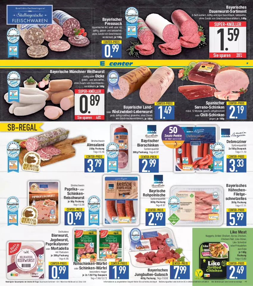 Aktueller Prospekt E Center - Angebote der Woche - von 10.04 bis 15.04.2023 - strona 5 - produkty: auer, bier, bierschinken, chili, debrecziner, deka, dell, eis, elle, ente, filet, fleisch, fleischwurst, frikadellen, geschnetzeltes, grill, gulasch, gyros, Hausmacher, HP, jagdwurst, jungbullen, leberwurst, Like Meat, lyoner, mac, mortadella, nuggets, paprika, pasta, presssack, regal, reis, rohschinken, sac, salami, schinken, Schinken-Würfel, schinkenfleischwurst, schnitzel, schwein, serrano, soja, spitzenqualität, super-knüller, Ti, wein, Weißwurst, würfel, wurst, Yo, Zelt, ZTE, zwiebel