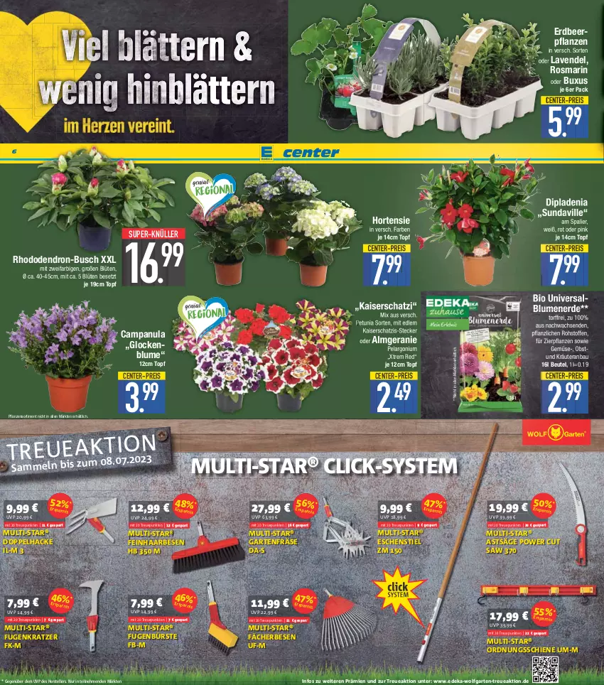 Aktueller Prospekt E Center - Angebote der Woche - von 10.04 bis 15.04.2023 - strona 6 - produkty: Bau, beutel, bio, blume, blumen, blumenerde, Blüte, bürste, Campanula, deka, dip, dipladenia, eis, elle, ente, Erdbeerpflanze, erde, Fugenbürste, Garten, geranie, hortensie, Kaiser, kräuter, lavendel, obst, Pelargonium, pflanze, pflanzen, reis, rosmarin, säge, super-knüller, teller, Ti, topf, wolfgarten