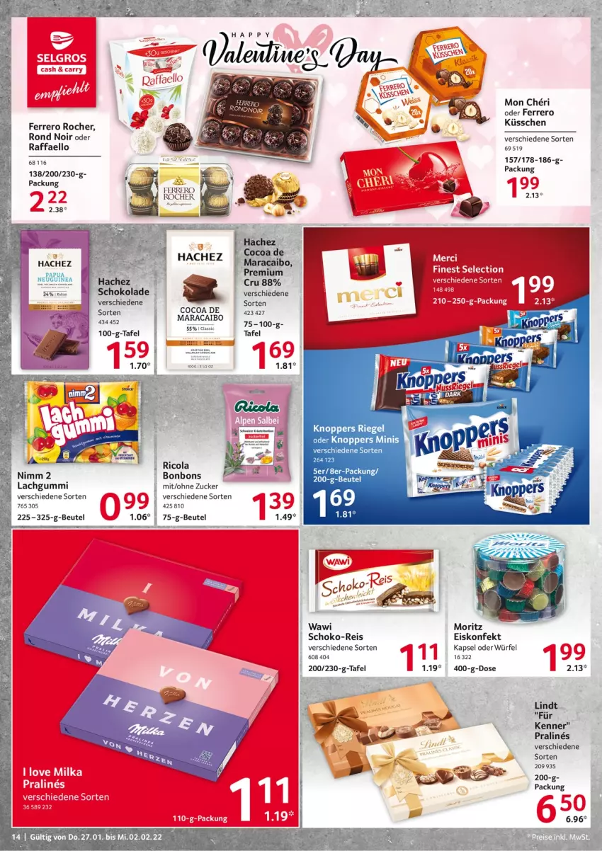 Aktueller Prospekt Selgros - Vorschau:
            Food - von 27.01 bis 02.02.2022 - strona 14 - produkty: beutel, bonbons, cola, eis, eiskonfekt, ferrero, Ferrero Küsschen, Ferrero Rocher, knoppers, lachgummi, lindt, raffaello, reis, Ricola, riegel, schoko, schokolade, Ti, würfel, zucker