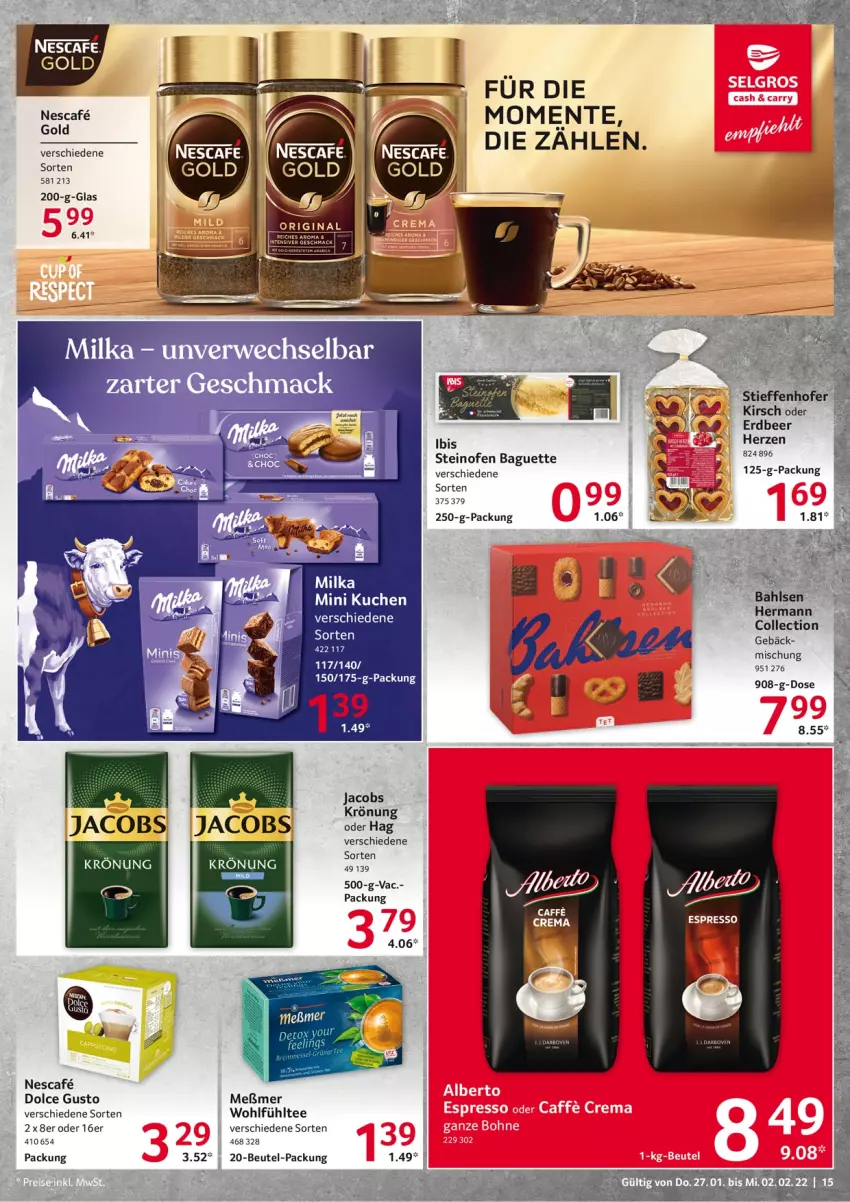 Aktueller Prospekt Selgros - Vorschau:
            Food - von 27.01 bis 02.02.2022 - strona 15 - produkty: baguette, beutel, dolce gusto, ente, espresso, jacobs, jacobs krönung, kirsch, mac, Meßmer, milka, nescafe, Ofen, rwe, steinofen, tee, Ti