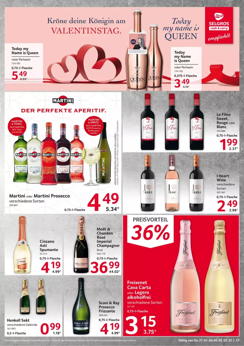 Aktueller Prospekt Selgros - Vorschau:
            Food - von 27.01 bis 02.02.2022 - strona 17 - produkty: aperitif, arlo, asti, ball, brut, Cava, champagne, champagner, cin, cinzano, ecco, eis, flasche, frizzante, gin, henkel, henkell, henkell sekt, LG, martini, nuss, Palette, preisvorteil, prosecco, puma, reis, Ria, sekt, Soda, spumante, Ti, tonic, wasser, wein