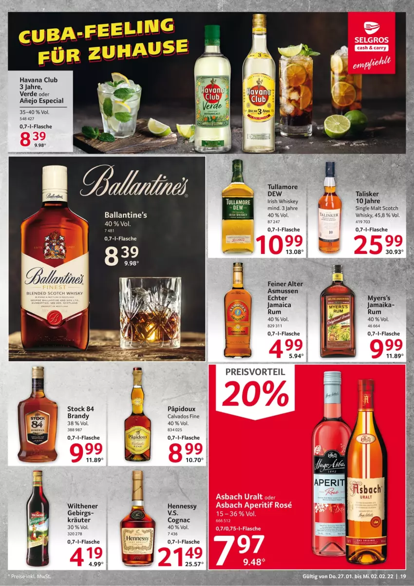 Aktueller Prospekt Selgros - Vorschau:
            Food - von 27.01 bis 02.02.2022 - strona 19 - produkty: ball, blended scotch, blended scotch whisky, Cognac, eis, erde, flasche, Havana Club, irish whiskey, kräuter, preisvorteil, reis, rum, scotch, scotch whisky, single malt, Ti, tullamore, whiskey, whisky, wilthener