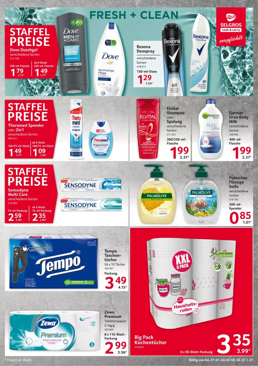 Aktueller Prospekt Selgros - Vorschau:
            Food - von 27.01 bis 02.02.2022 - strona 21 - produkty: deo, deospray, dove, flasche, mam, natur, natura, olive, palmolive, papier, rexona, shampoo, spülung, Tasche, taschen, Tempo, Ti, toilettenpapier, tücher, zewa