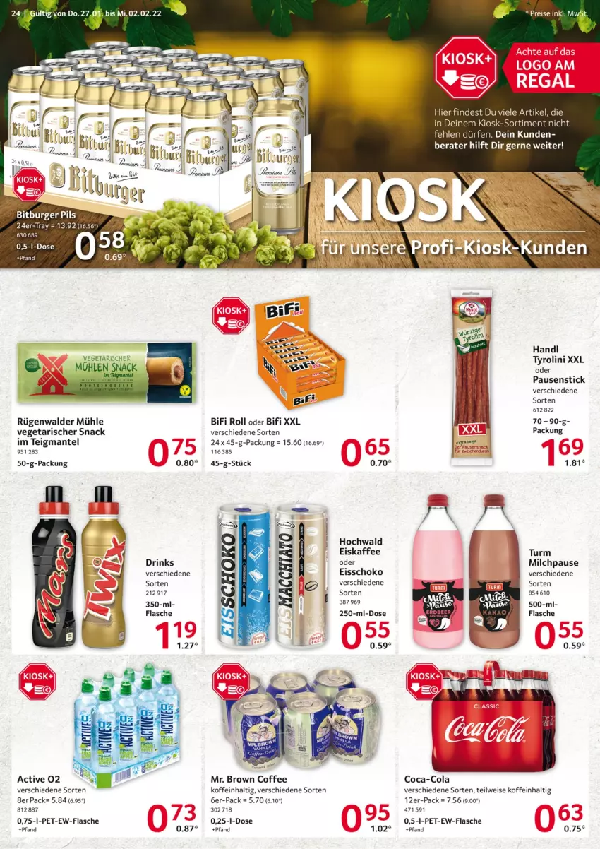 Aktueller Prospekt Selgros - Vorschau:
            Food - von 27.01 bis 02.02.2022 - strona 24 - produkty: bifi, coca-cola, cola, drink, drinks, eis, eiskaffee, flasche, hochwald, HP, kaffee, Mantel, milch, rügenwalder, rügenwalder mühle, schoko, snack, Ti, Vegeta