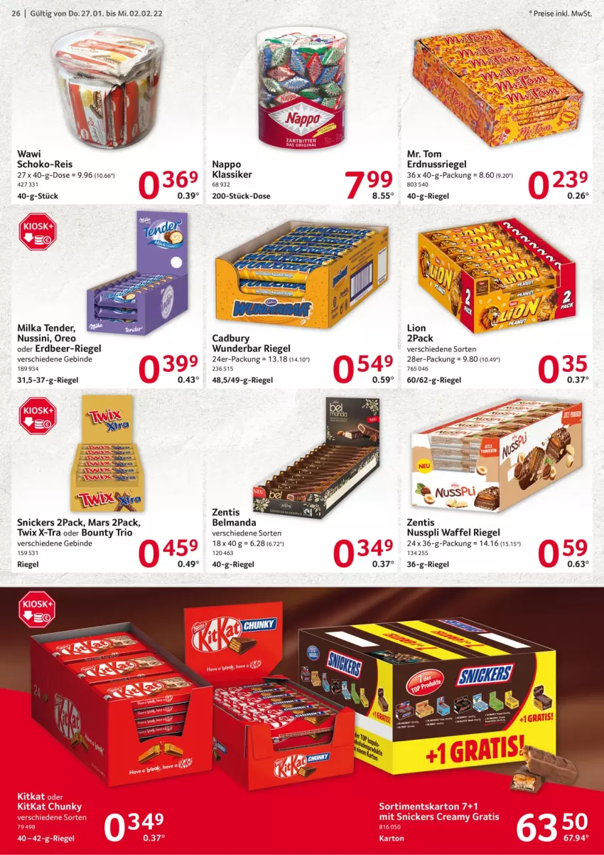 Aktueller Prospekt Selgros - Vorschau:
            Food - von 27.01 bis 02.02.2022 - strona 26 - produkty: bounty, eis, erdnuss, lion, mars, milka, nuss, nusspli, nussriegel, oreo, reis, riegel, schoko, snickers, tender, Ti, twix, zentis