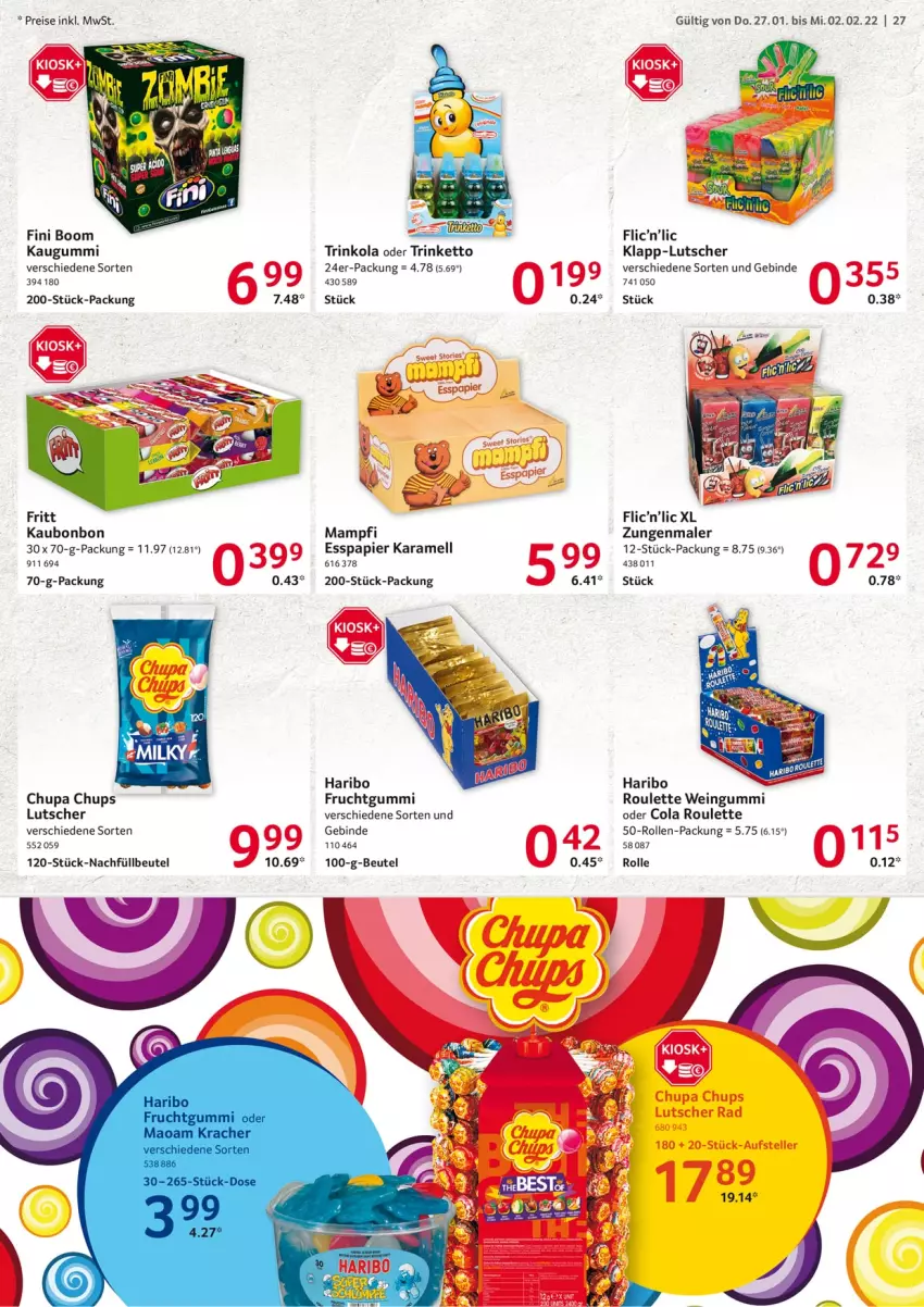 Aktueller Prospekt Selgros - Vorschau:
            Food - von 27.01 bis 02.02.2022 - strona 27 - produkty: beutel, chupa, chupa chups, cola, eis, frucht, fruchtgummi, haribo, karamell, kaugummi, Lutscher, mam, papier, reis, Ti, wein