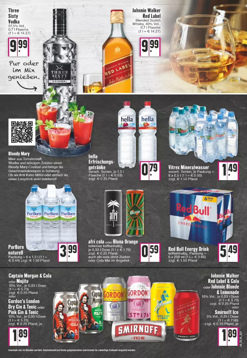 Aktueller Prospekt E Center - Angebote der Woche - von 27.02 bis 04.03.2023 - strona 21 - produkty: Afri Cola, Alwa, angebot, blended scotch, Cap, captain morgan, cocktail, cola, drink, dry gin, eis, energy drink, erde, flasche, getränk, getränke, gin, johnnie walker, lemonade, mac, mineralwasser, mojito, natur, orange, red bull, rel, ring, saft, scotch, smirnoff, Ti, tomate, tomaten, Tomatensaft, tonic, vitrex, vodka, wasser, whisky, wodka, zucker