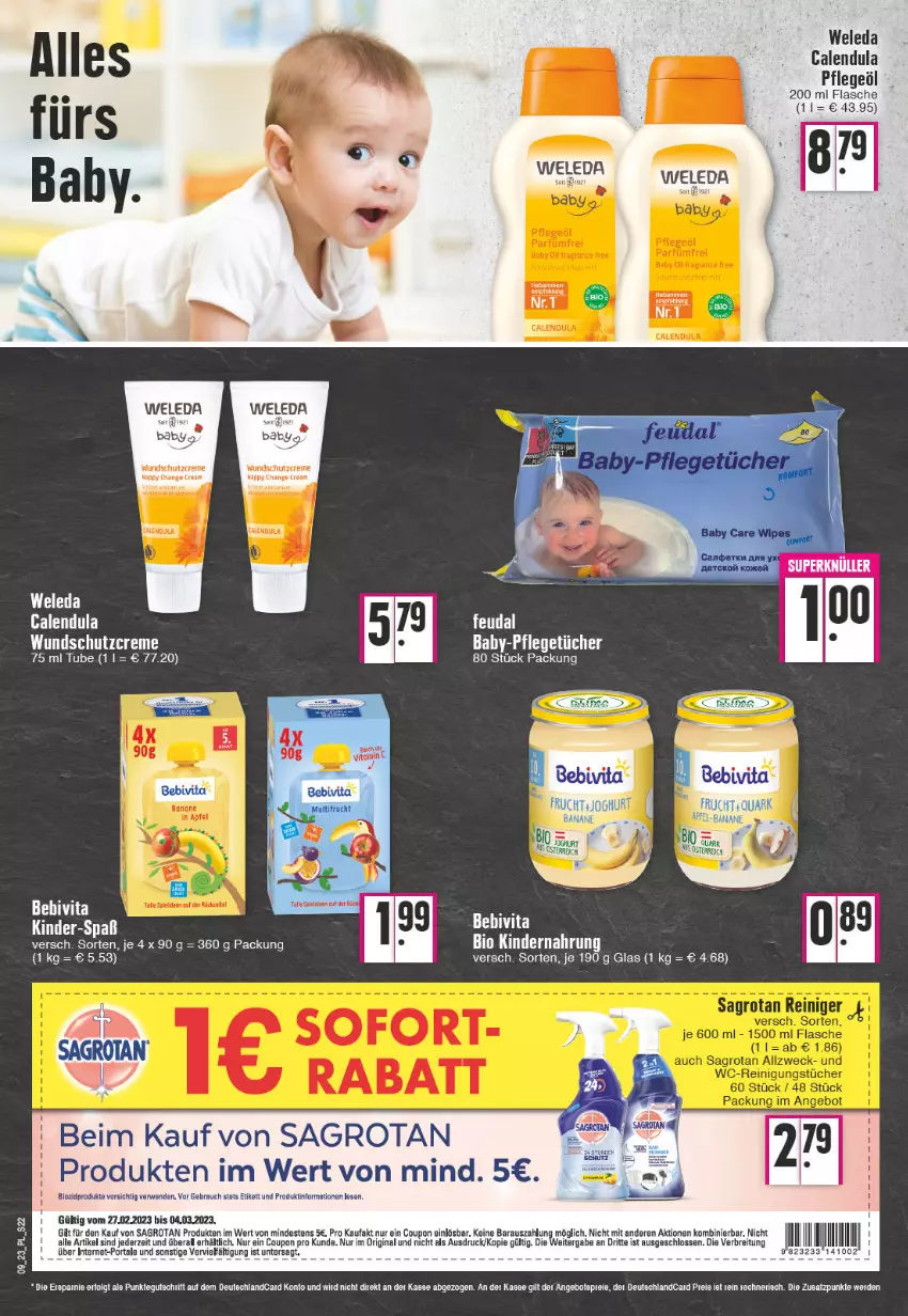 Aktueller Prospekt E Center - Angebote der Woche - von 27.02 bis 04.03.2023 - strona 22 - produkty: Baby Wundschutzcreme, bebivita, bio, biozidprodukte, Brei, Calendula, coupon, creme, ente, flasche, gin, Kinder, Kindernahrung, Pflegeöl, Rauch, rwe, sagrotan, Schutzcreme, Ti, tücher, Tüte, vita, weleda