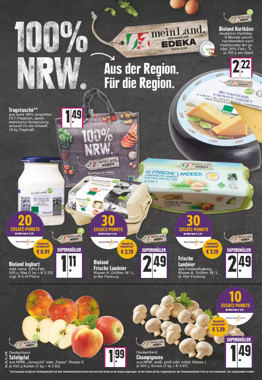 Aktueller Prospekt E Center - Angebote der Woche - von 27.02 bis 04.03.2023 - strona 6 - produkty: bio, bioland, champignon, champignons, eier, elle, flasche, hartkäse, joghur, joghurt, Käse, kraft, pet-flasche, pet-flaschen, rwe, Schal, Schale, Tasche, tee, Ti, tragetasche